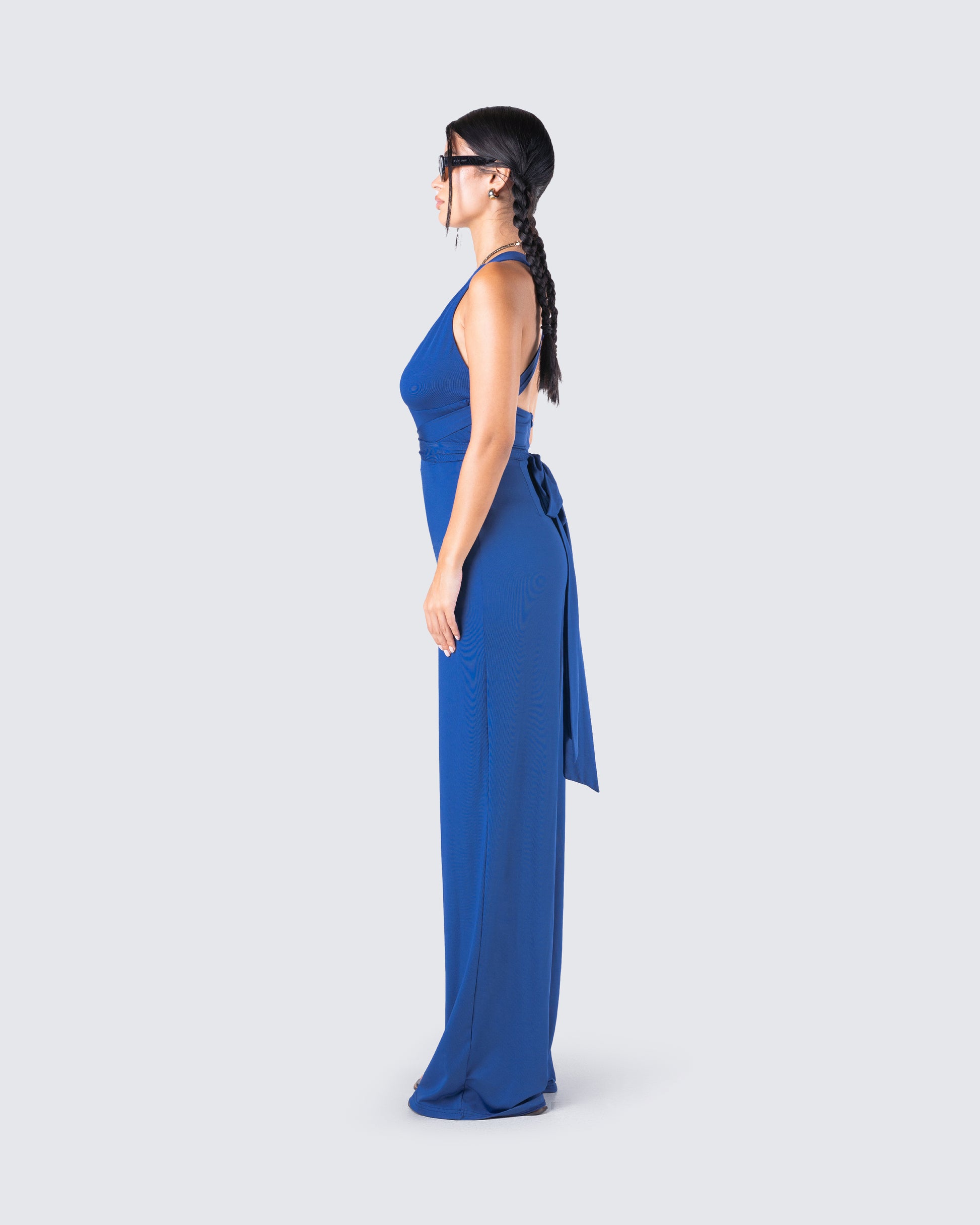 blue dress jumpsuit COS Women's Open-Back Seersucker Wide-Leg Jumpsuit in Blue