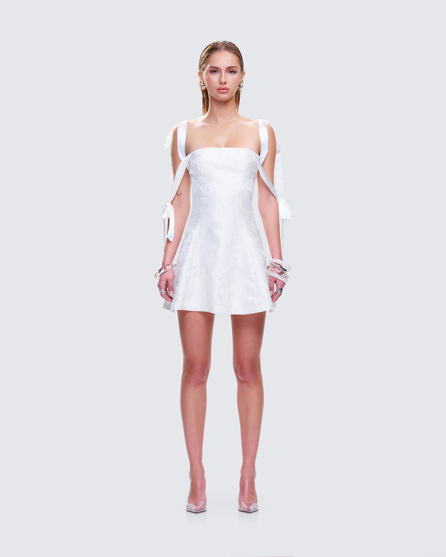 White Satin Mini Dress - Ribbon Tie Sleeves Party 1x White Satin Mini Dress - Ribbon Tie Sleeves Party 1x