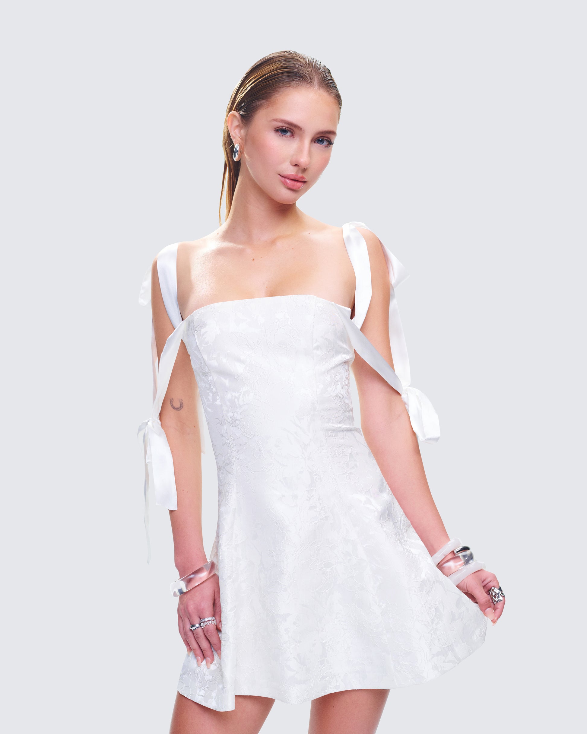 White Satin Mini Dress - Ribbon Tie Sleeves Party FINESSE White Satin Mini Dress - Ribbon Tie Sleeves Party FINESSE