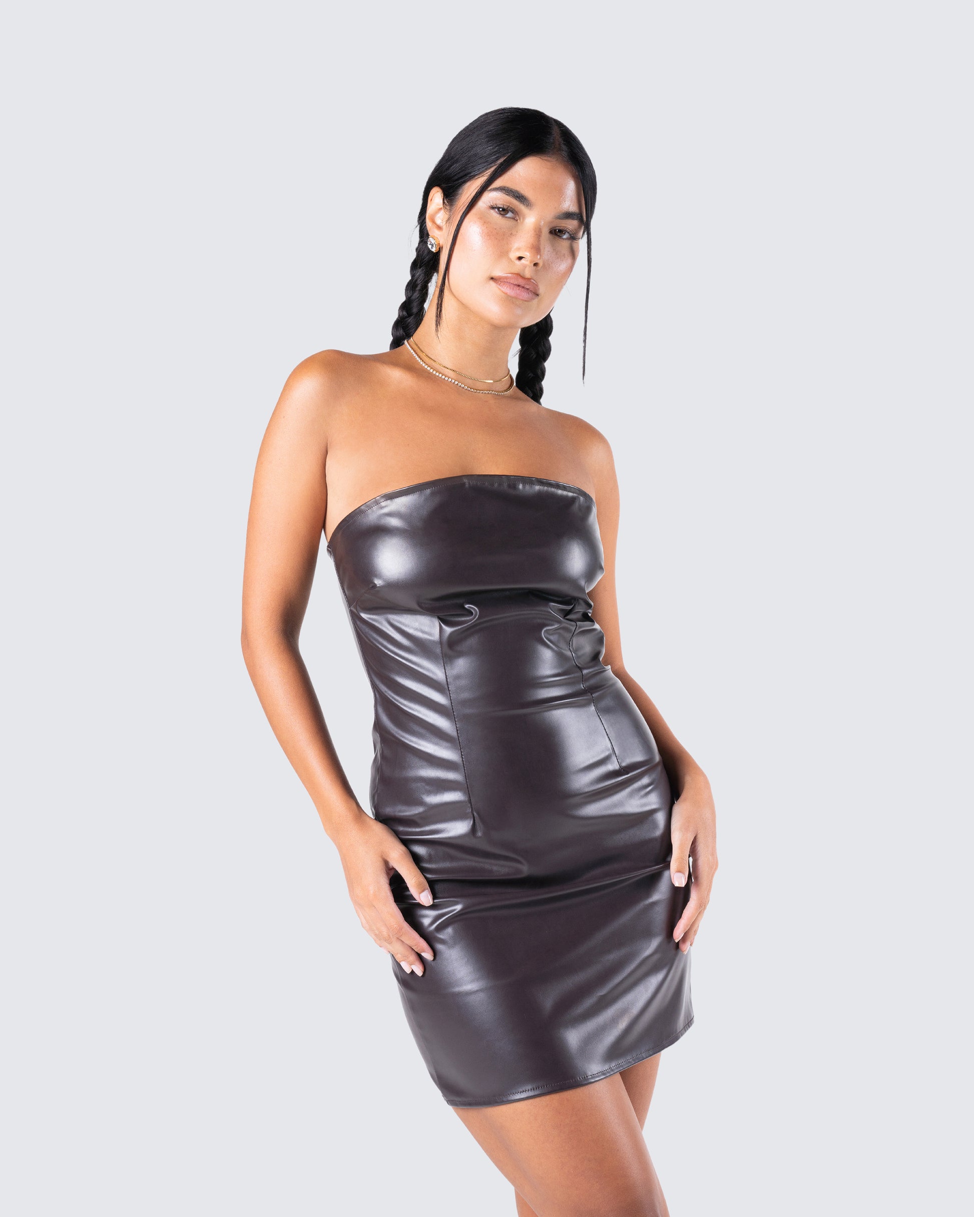 Brown Vegan Leather Mini Dress - Strapless Bodycon FINESSE Brown Vegan Leather Mini Dress - Strapless Bodycon FINESSE