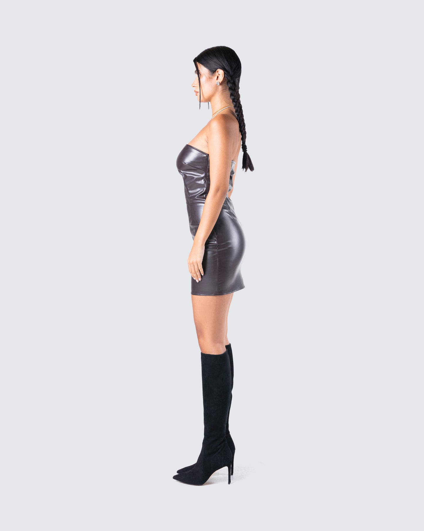 brown vegan leather dress Last One - SHARON - chestnut brown fitted vegan leather midi dress- Inspired by Hollywood