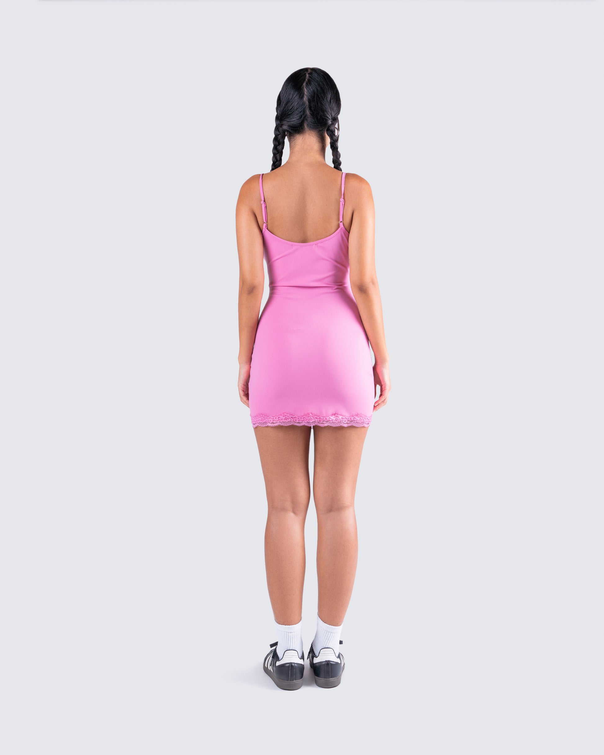 Pink Mini Dress - Bodycon Ruched Lace Hem FINESSE Pink Mini Dress - Bodycon Ruched Lace Hem FINESSE