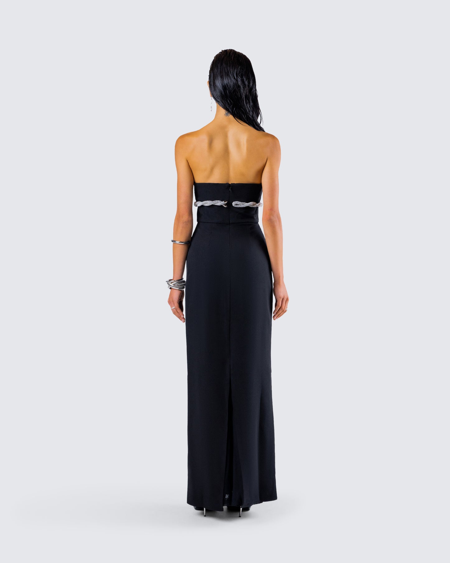 Via Black Crepe Embellished Gown