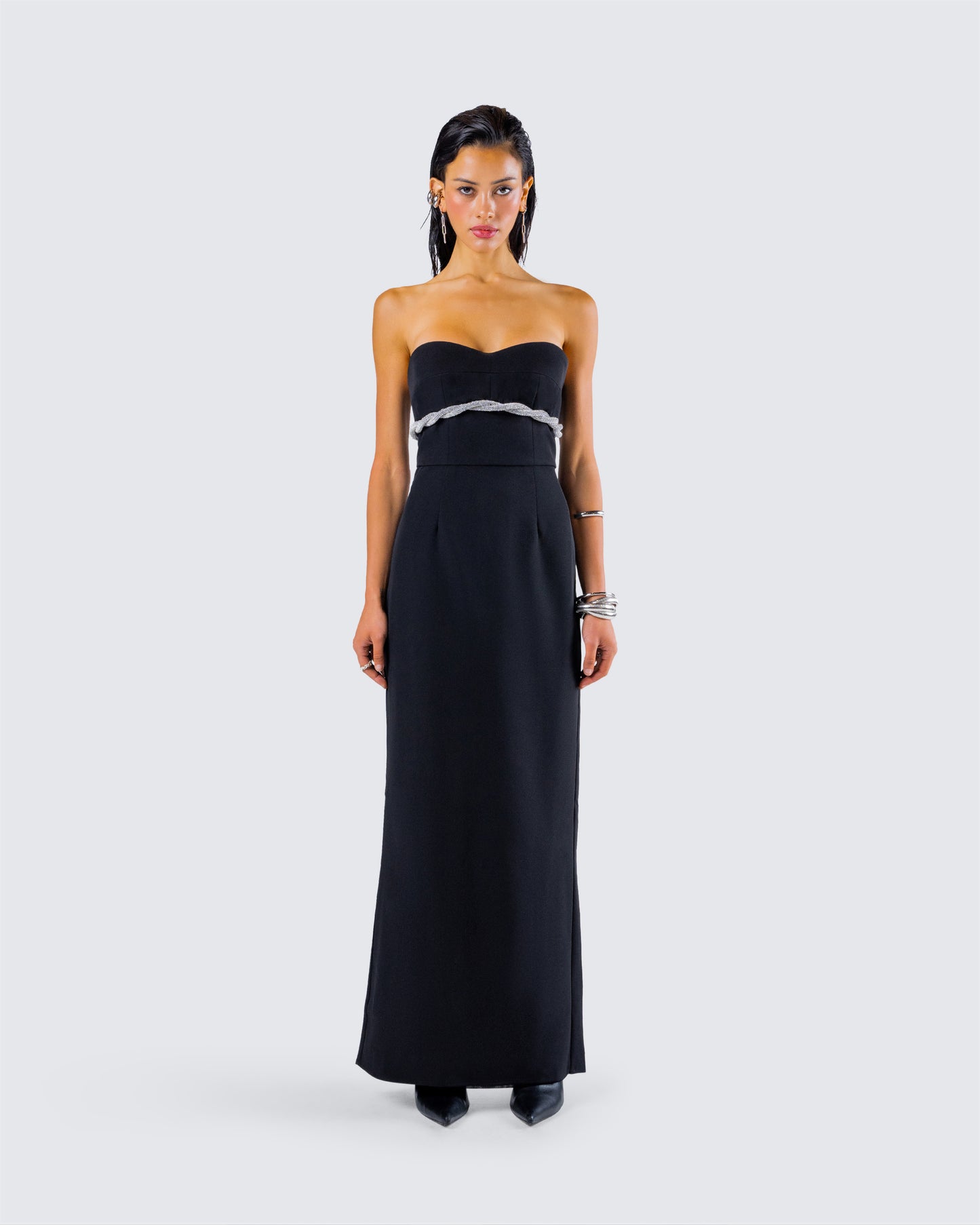 Via Black Crepe Embellished Gown