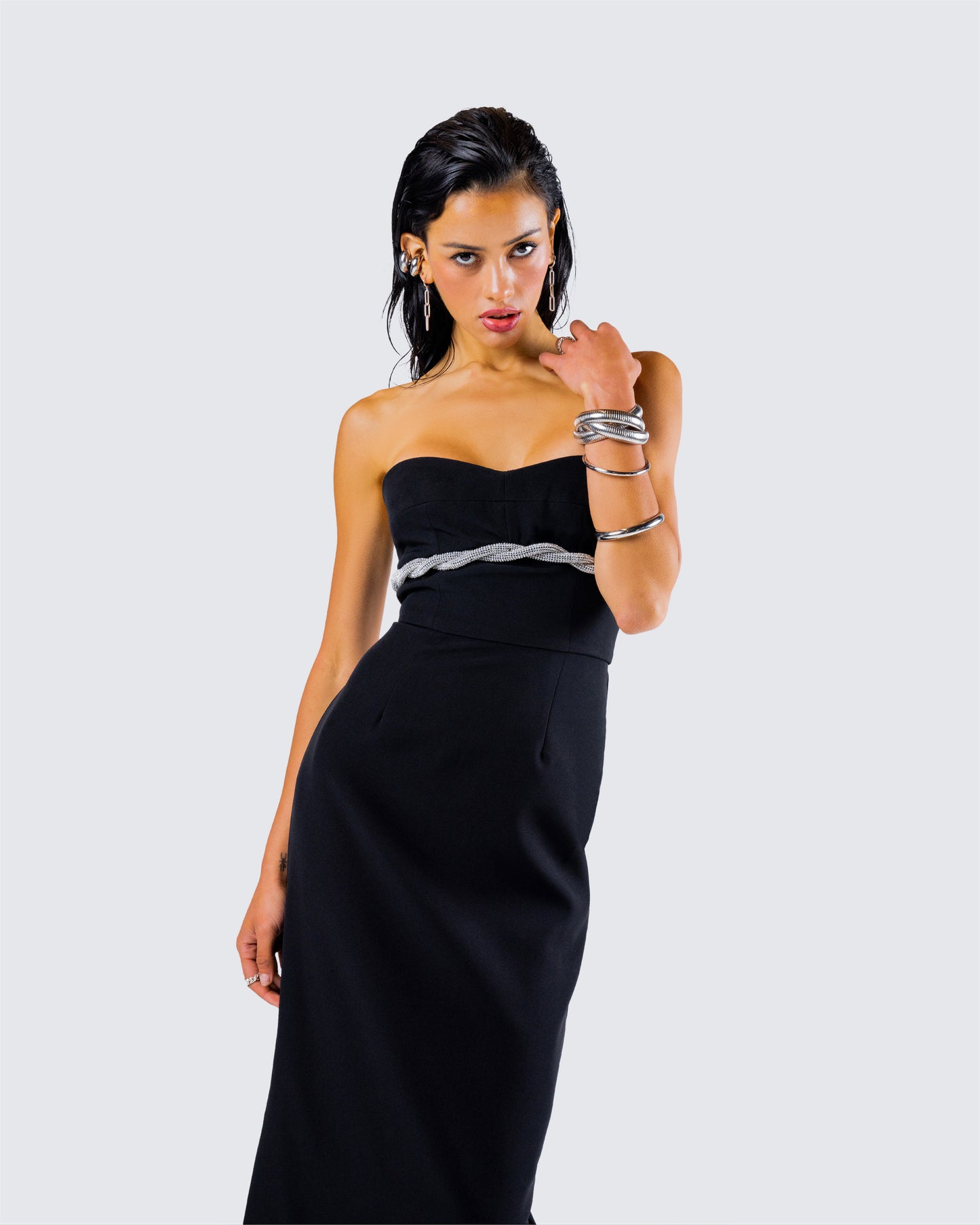 Via Black Crepe Embellished Gown