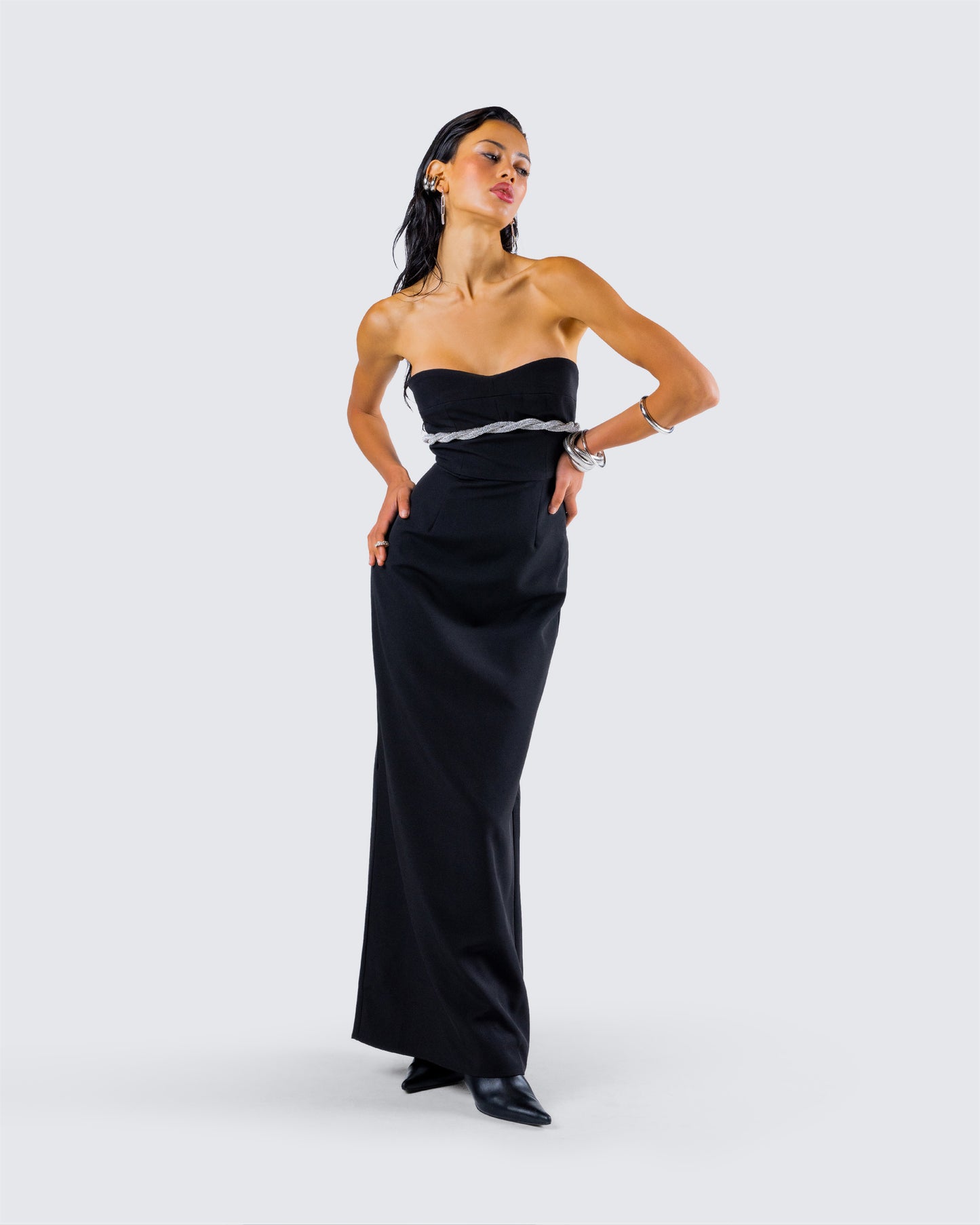 Via Black Crepe Embellished Gown