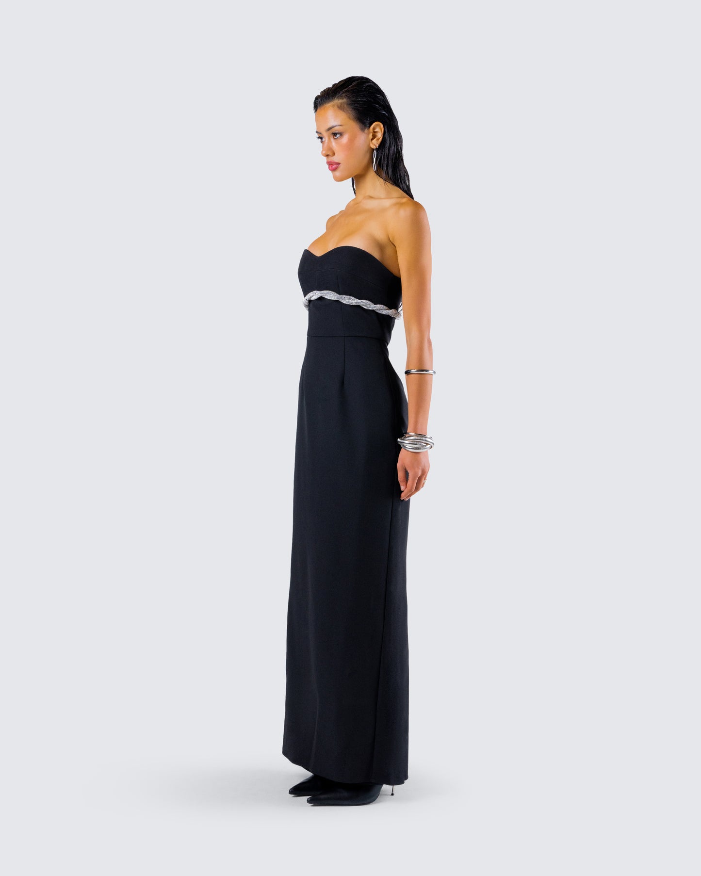 Via Black Crepe Embellished Gown