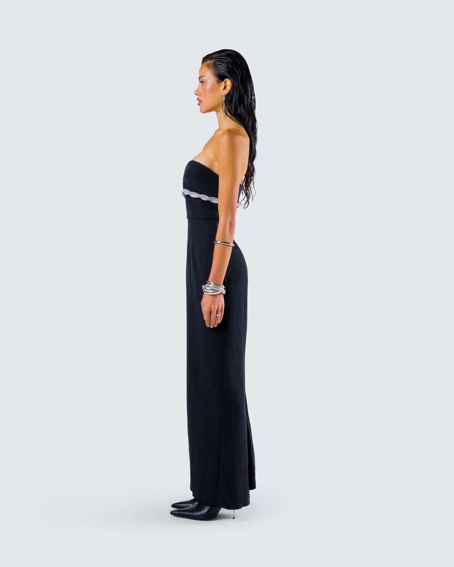 Via Black Crepe Embellished Gown