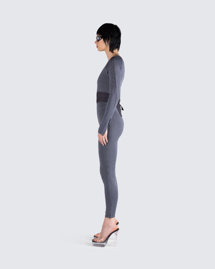 Women's grey cotton jumpsuit alternate angle – FINESSE