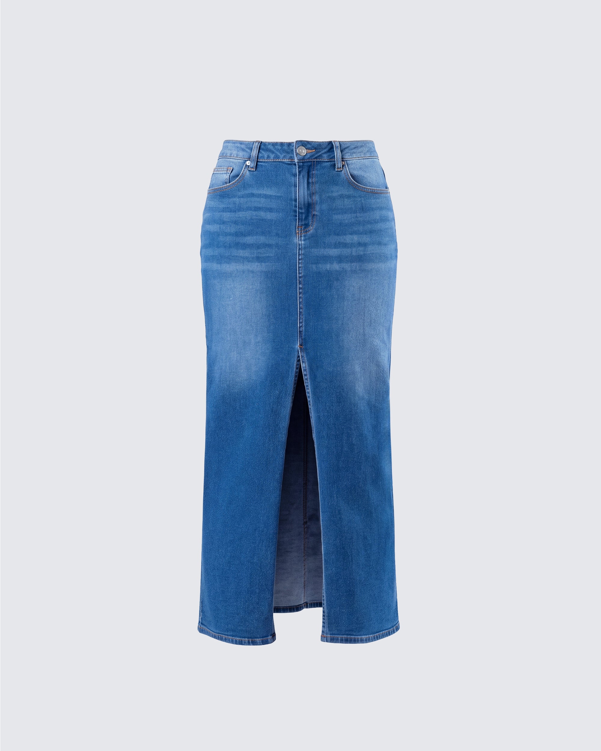 Blue Denim Maxi Skirt - Front Slit Long Jean Skirt – FINESSE