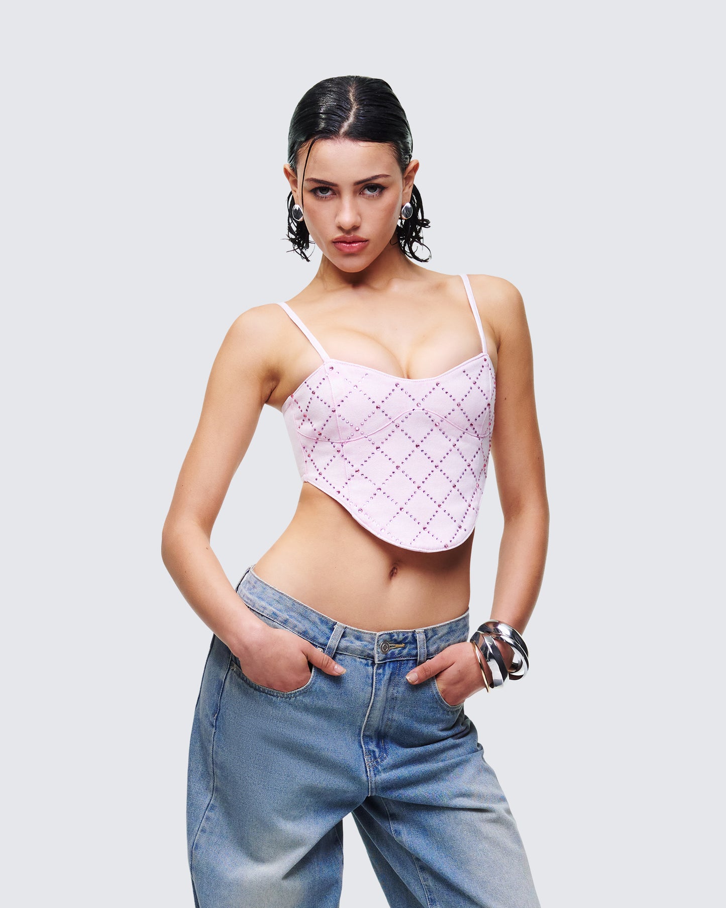 Women's pink cotton corset top styled on model – FINESSE