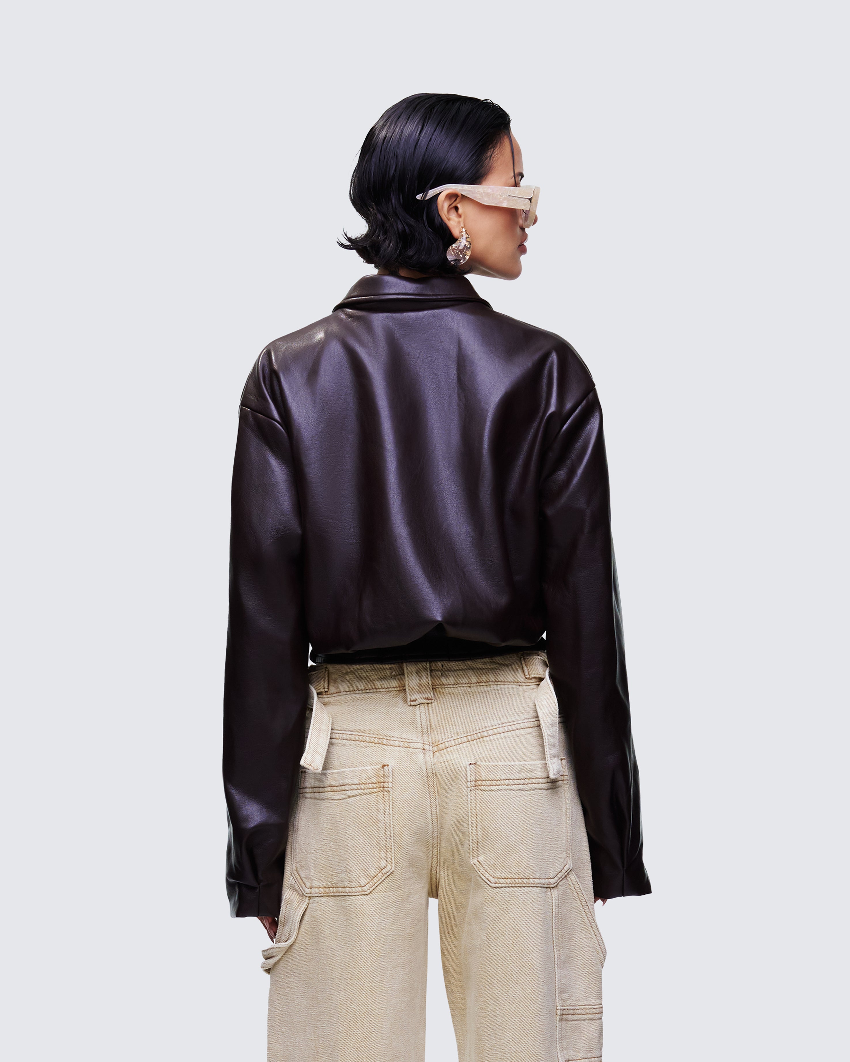 Brown Vegan Leather Cropped Jacket - Studded Bell Sleeve – FINESSE