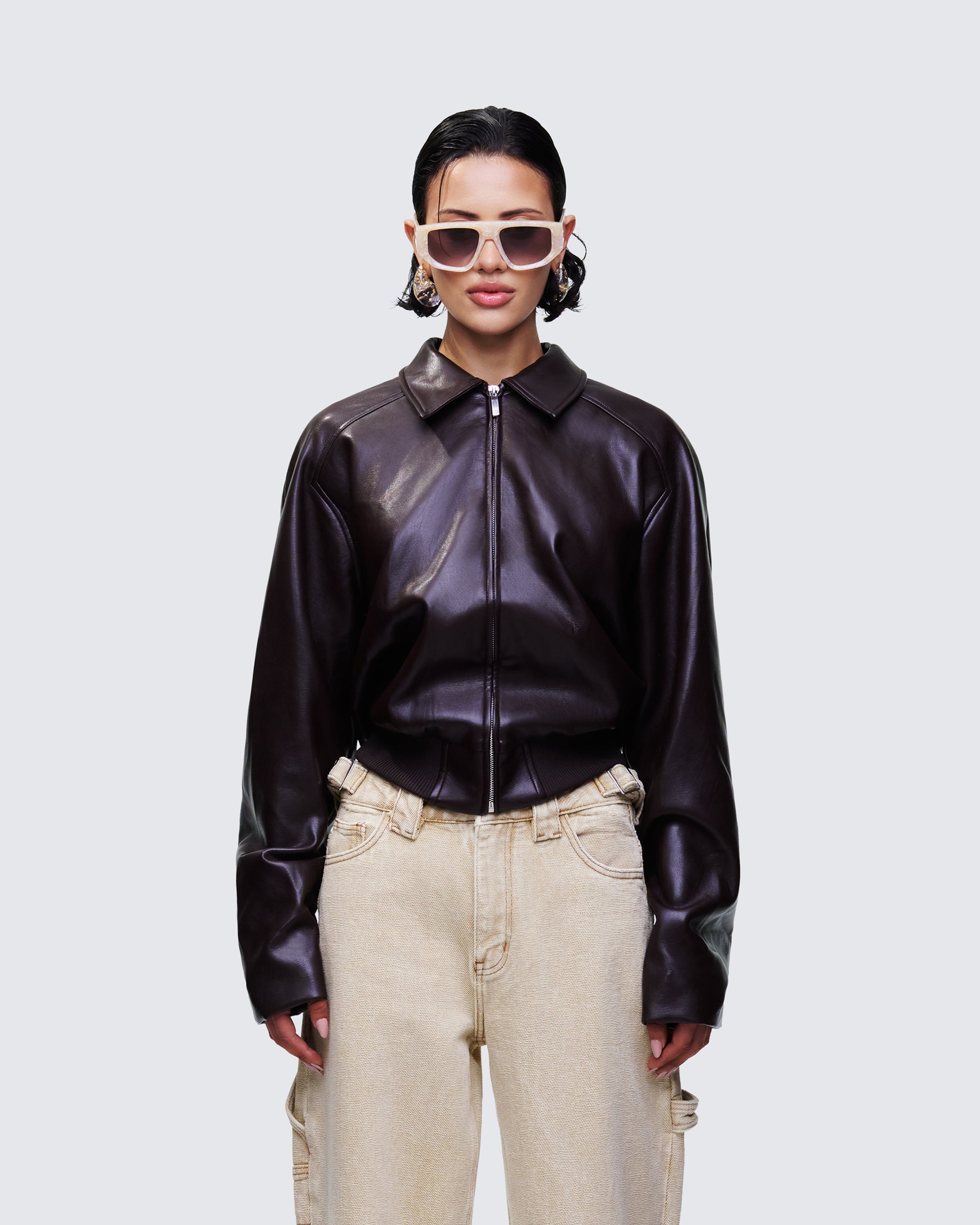 Waveney Brown Vegan Leather Jacket model front