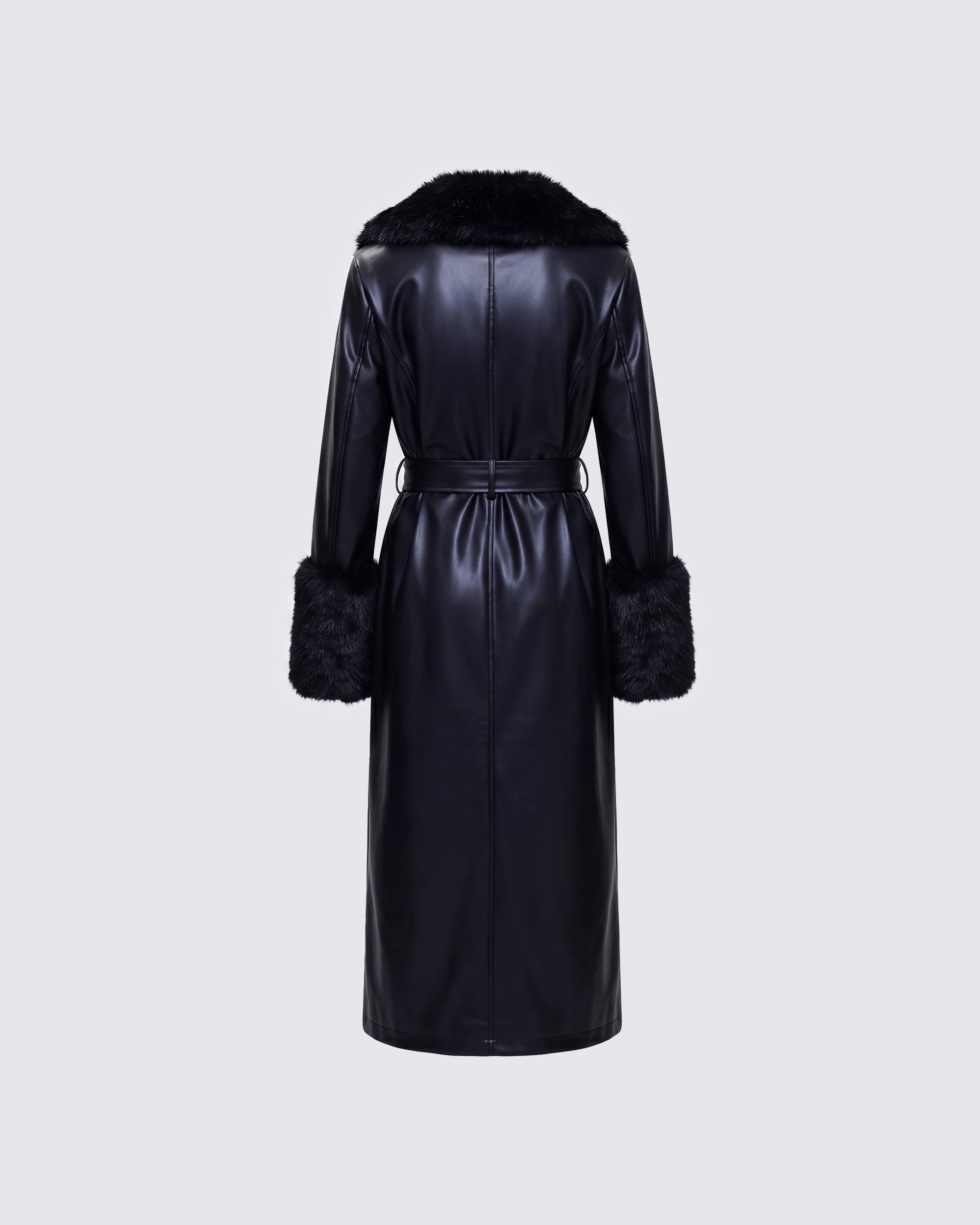 Black Faux Leather Coat - Fur Collar & Cuffs Belted – FINESSE