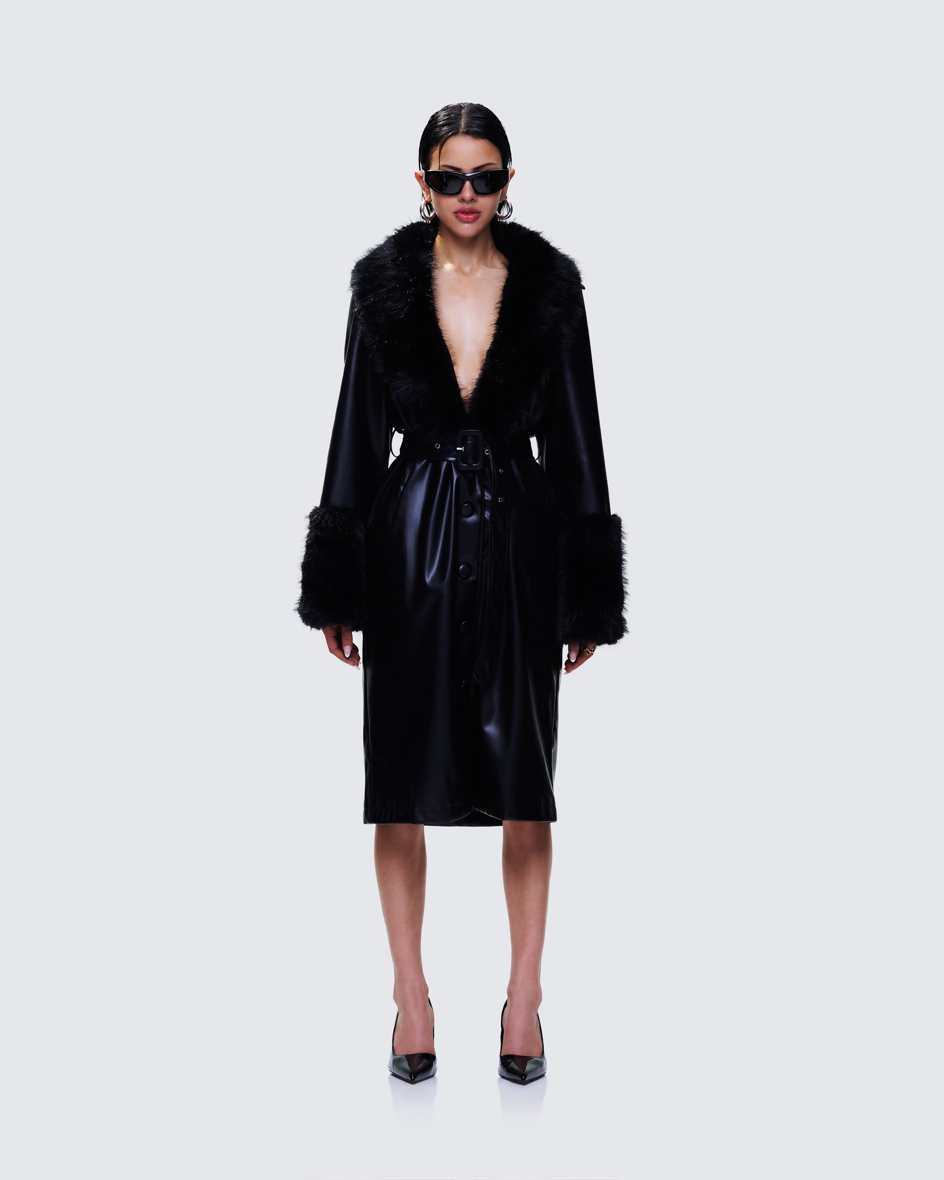 Black Faux Leather Coat - Fur Collar & Cuffs Belted FINESSE Black Faux Leather Coat - Fur Collar & Cuffs Belted FINESSE