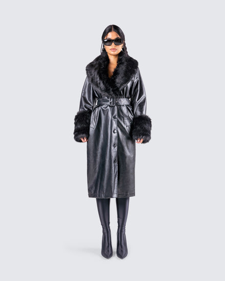 Willa Black Vegan Fur Leather Coat