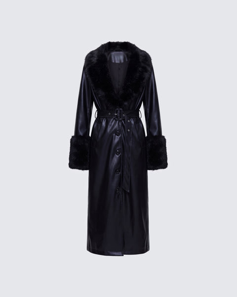 Black Faux Leather Coat - Fur Collar & Cuffs Belted  FINESSE