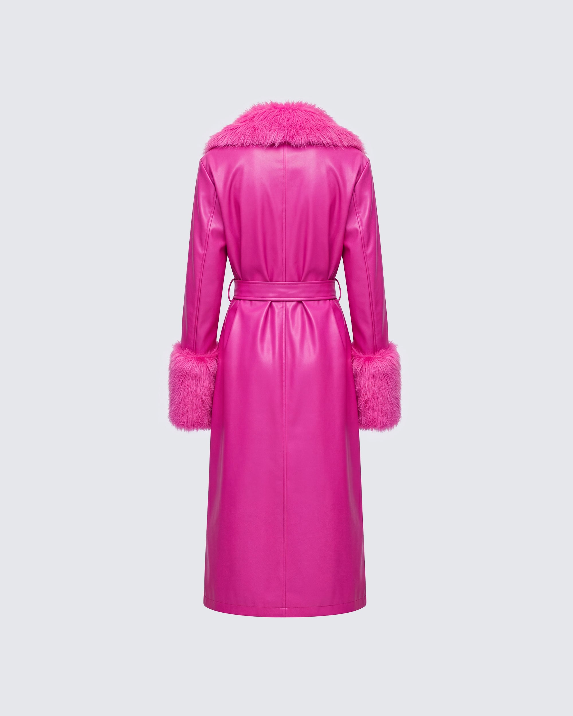 Pink Faux Fur Leather Coat - Belted Long Trench – FINESSE