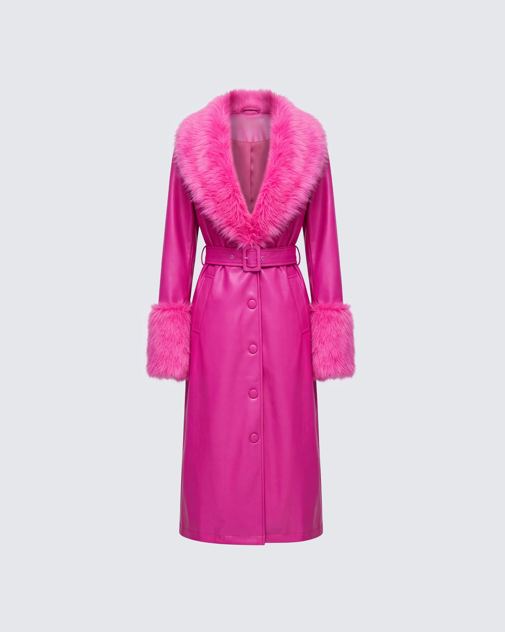 Pink Faux Fur Leather Coat - Belted Long Trench – FINESSE