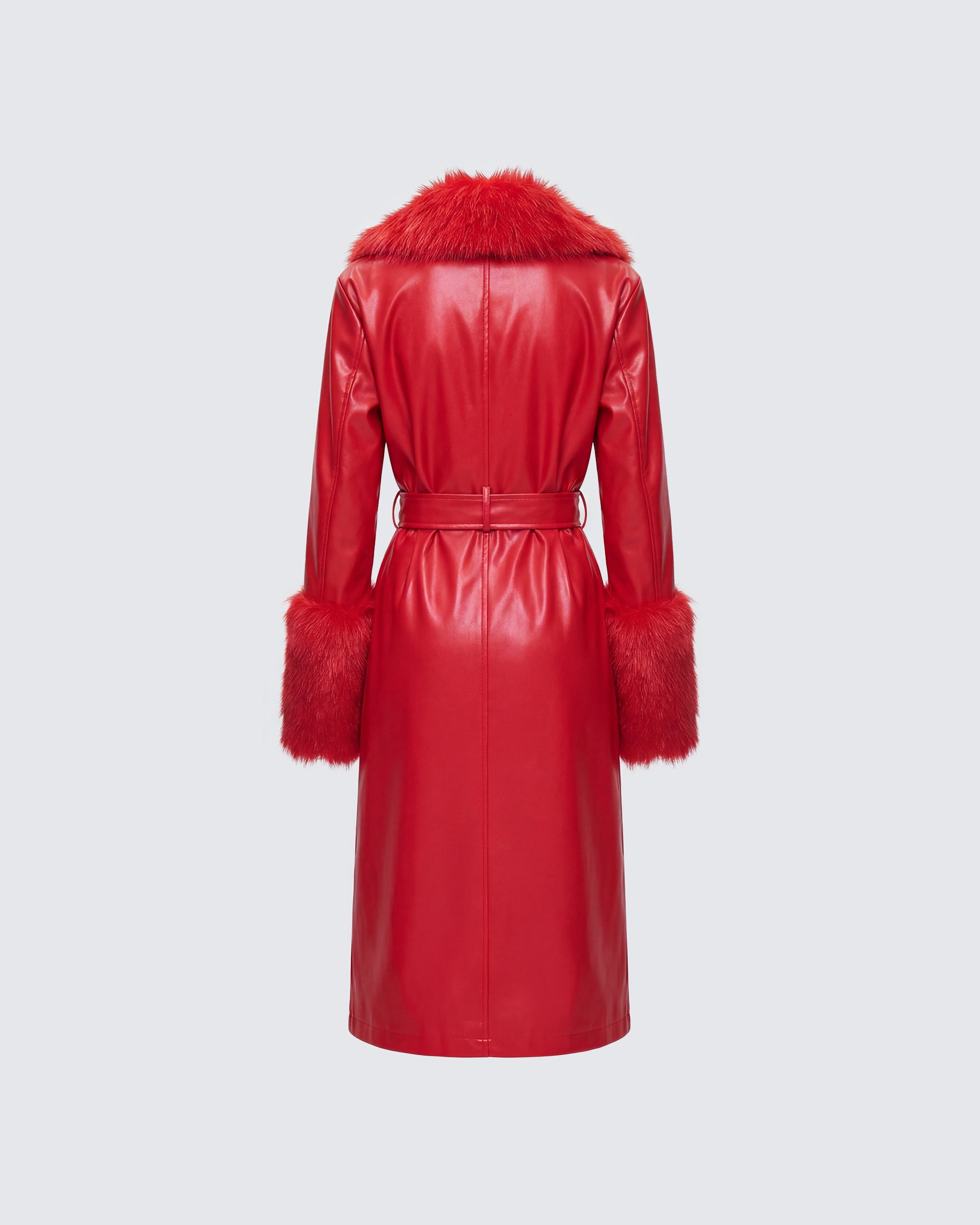 Red Faux Fur Leather Trench Coat - Belted Maxi – FINESSE