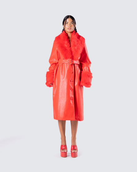 Willa Red Vegan Fur Leather Coat