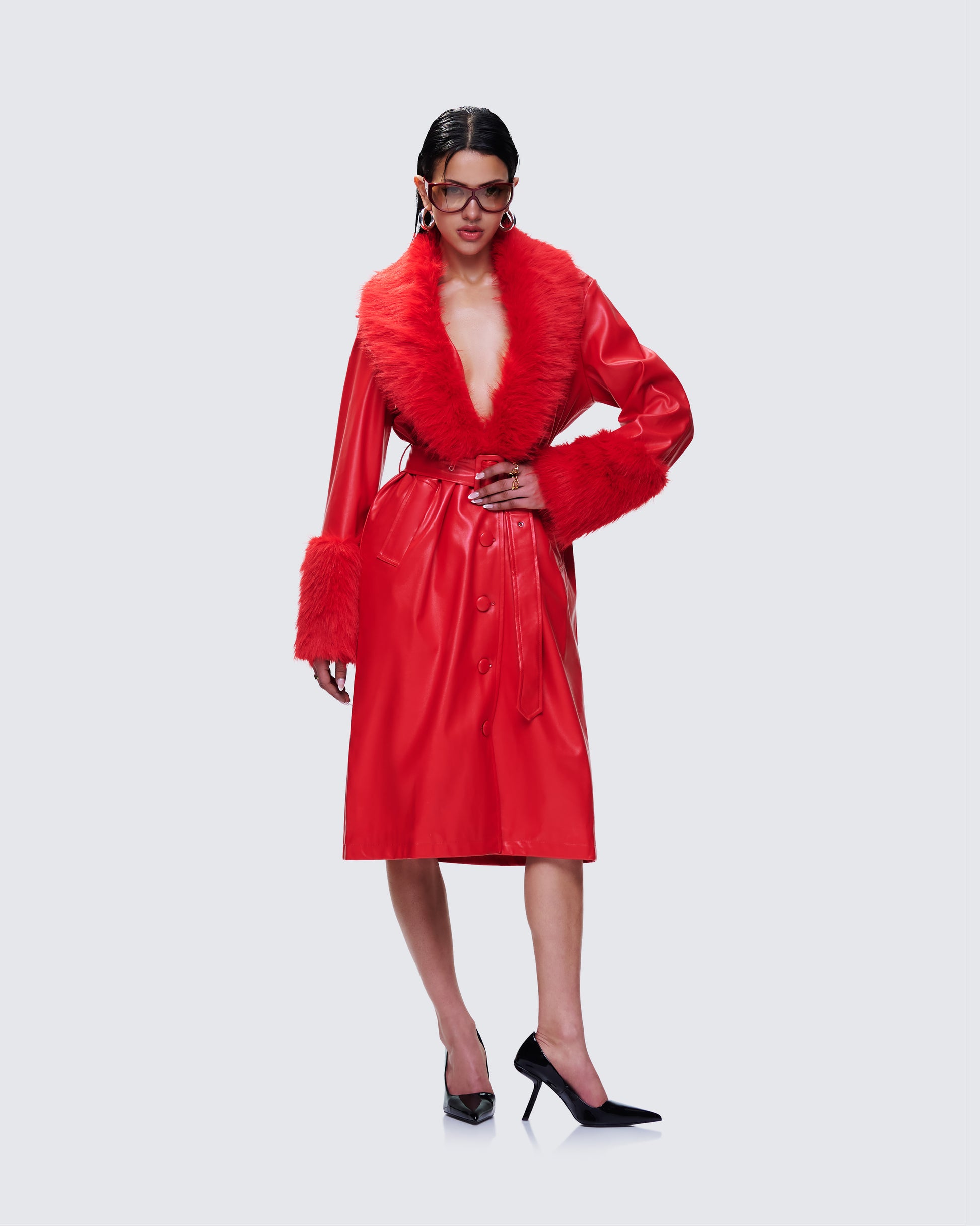 Red Faux Fur Leather Trench Coat - Belted Maxi FINESSE Red Faux Fur Leather Trench Coat - Belted Maxi FINESSE