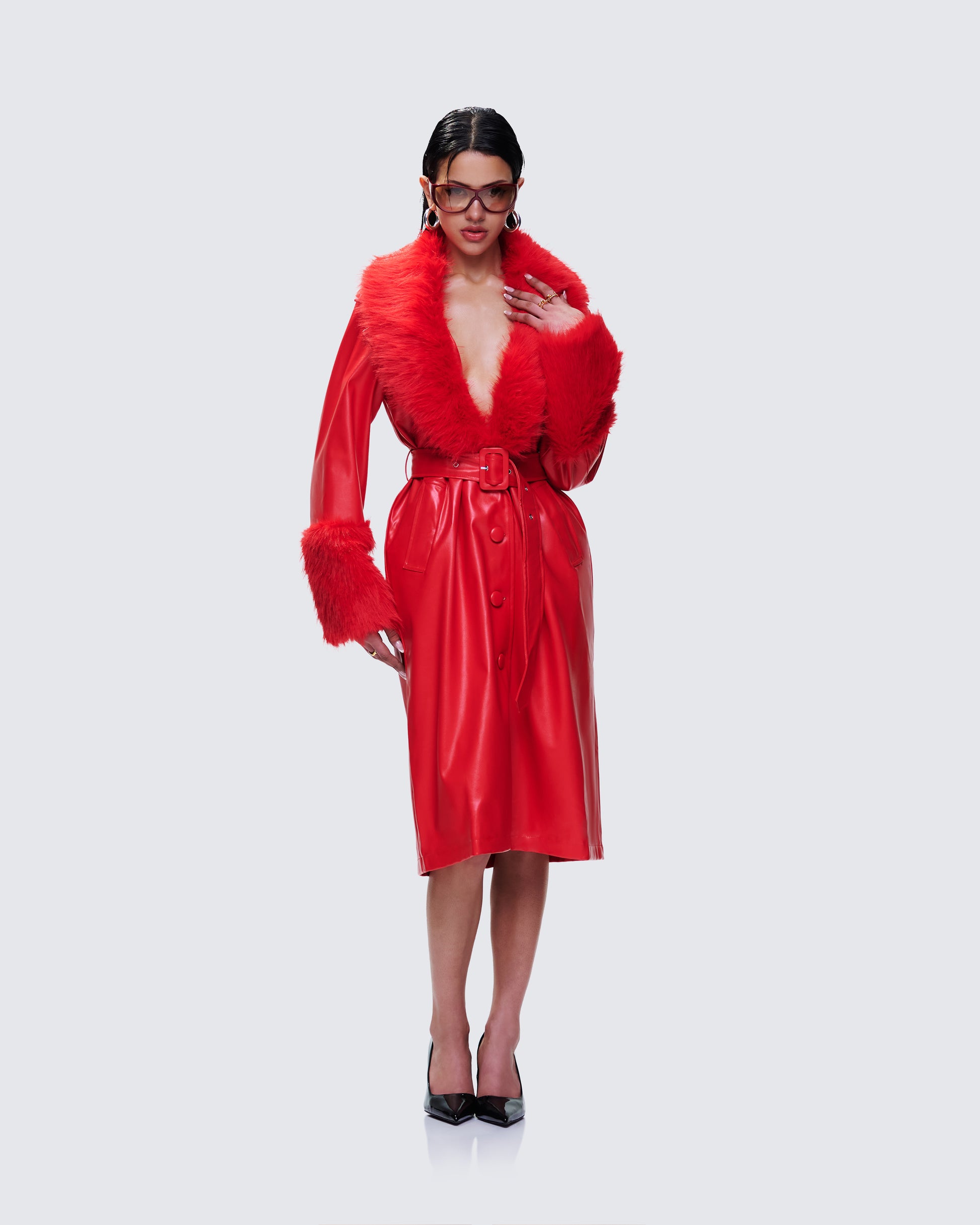 Red Faux Fur Leather Trench Coat - Belted Maxi FINESSE Red Faux Fur Leather Trench Coat - Belted Maxi FINESSE