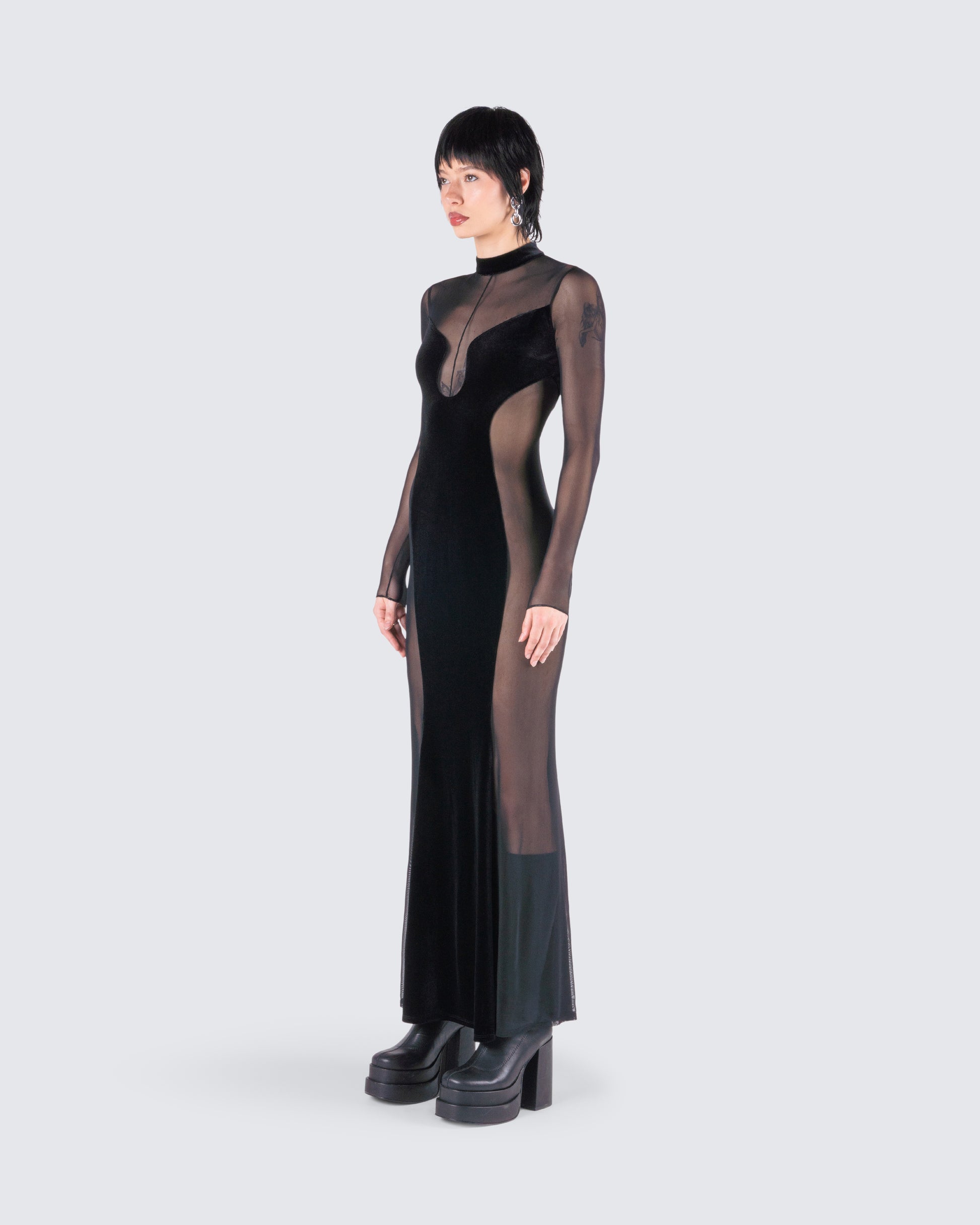 Black Velvet Gown - Long Sleeve Mesh Panel Formal FINESSE Black Velvet Gown - Long Sleeve Mesh Panel Formal FINESSE