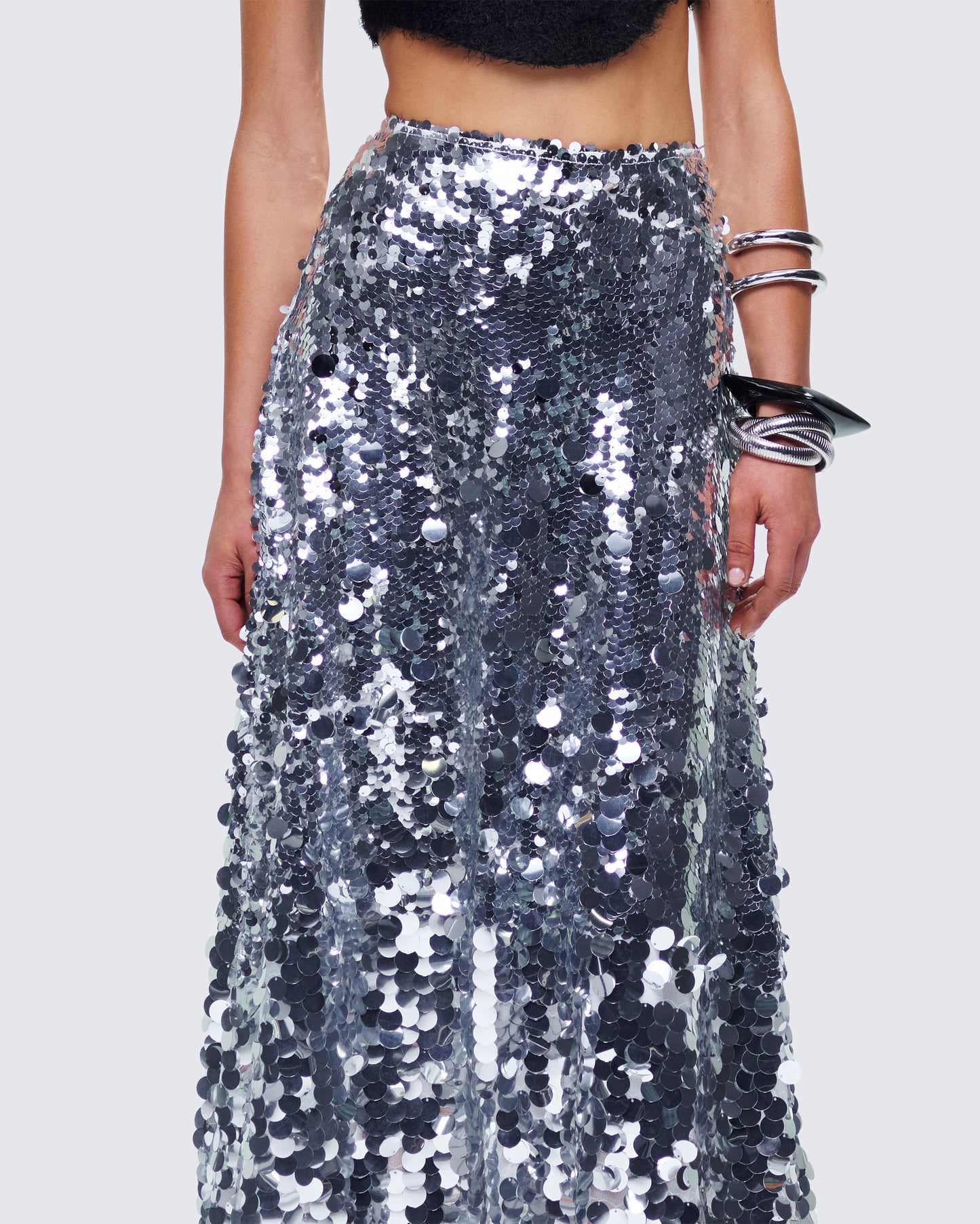 Wyn Metallic Silver Sequin Maxi Skirt