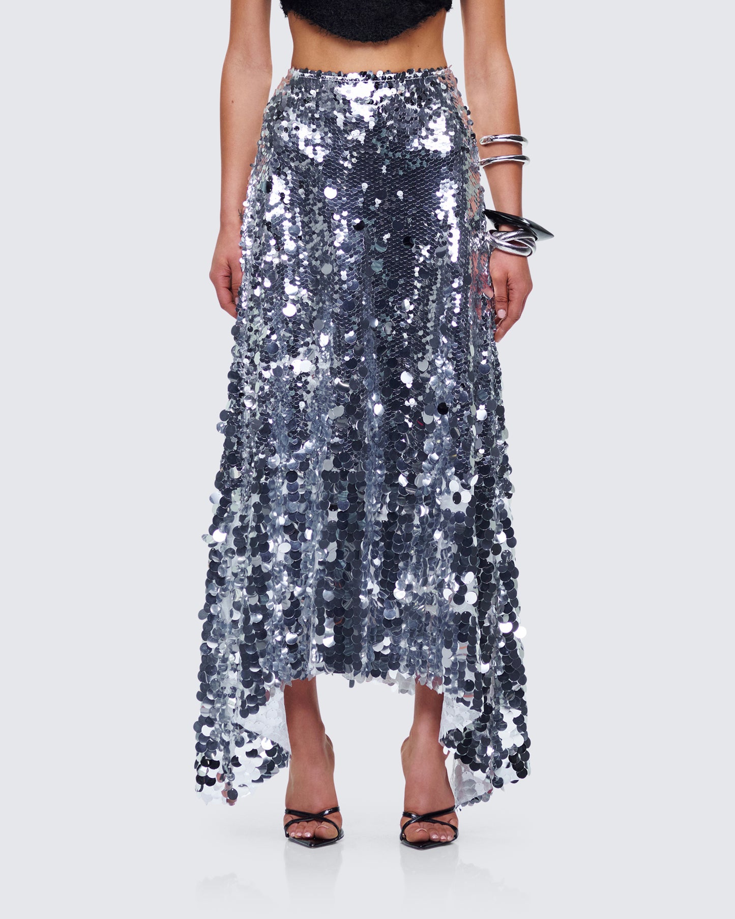 Wyn Metallic Silver Sequin Maxi Skirt