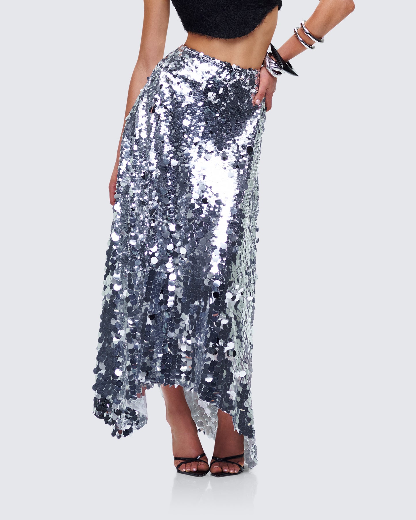 Wyn Metallic Silver Sequin Maxi Skirt