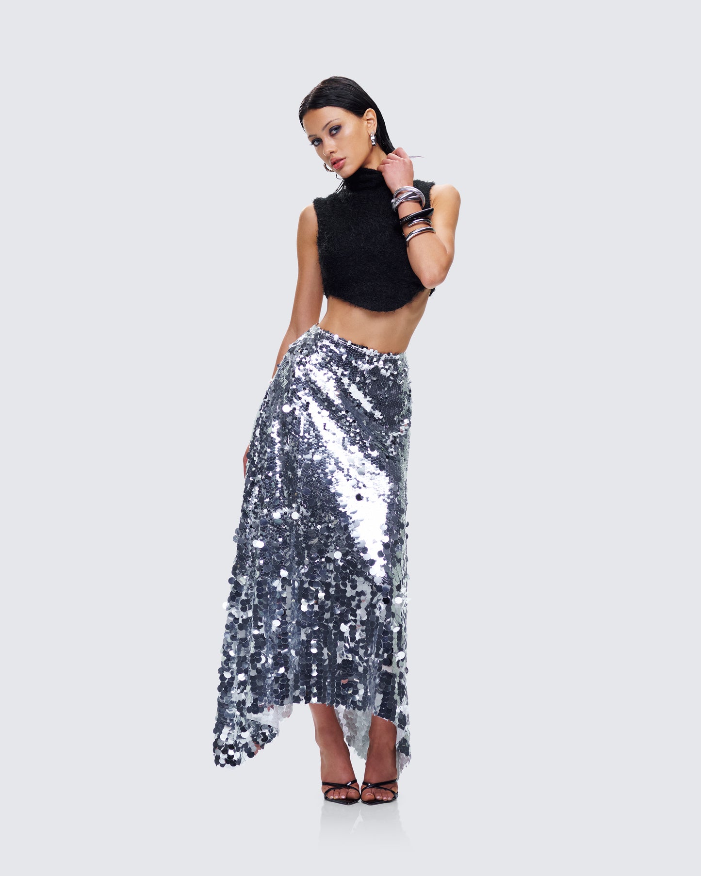 Wyn Metallic Silver Sequin Maxi Skirt