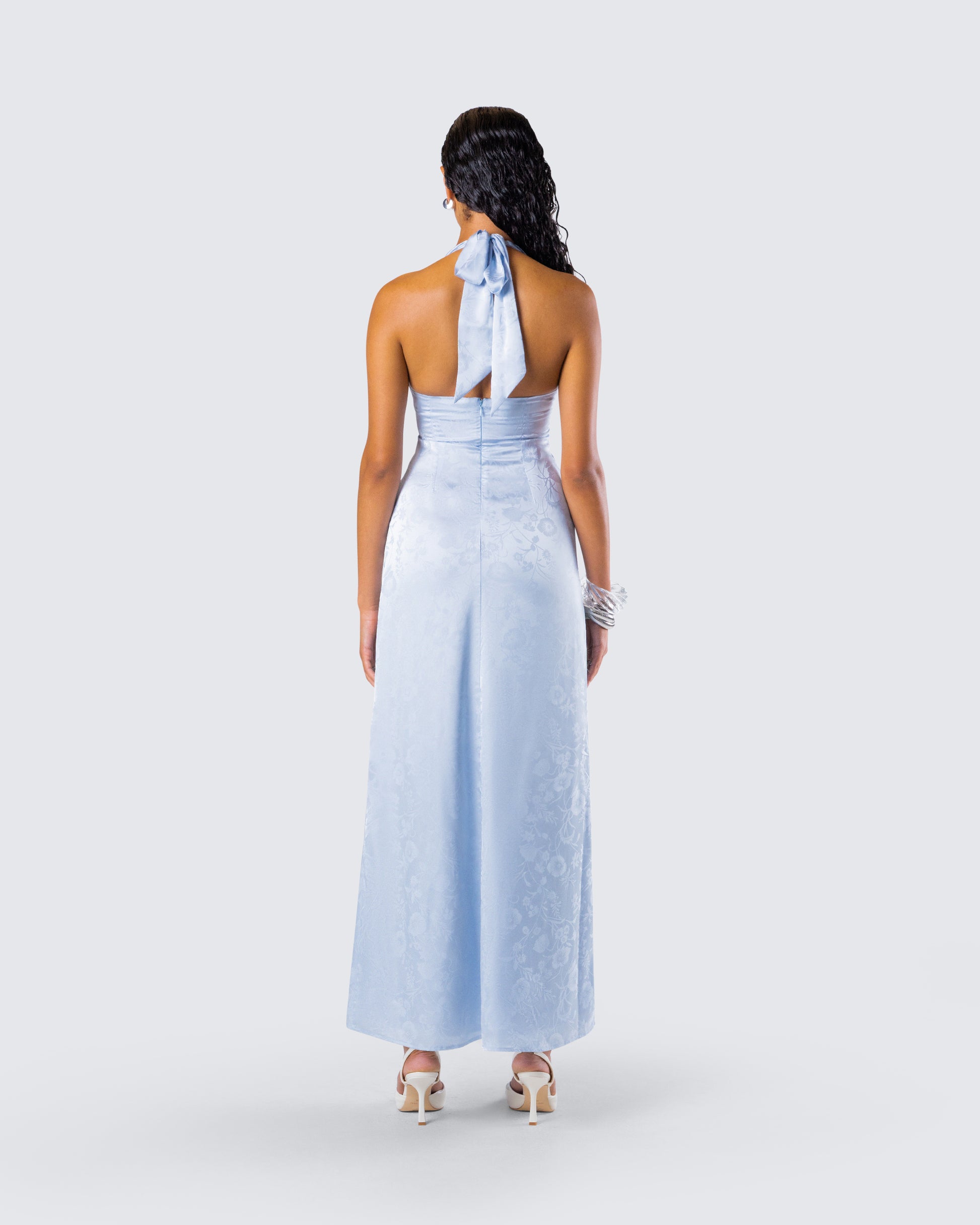 Blue Metallic Halter Maxi Dress - Rosette Formal Gown XL Blue Metallic Halter Maxi Dress - Rosette Formal Gown XL