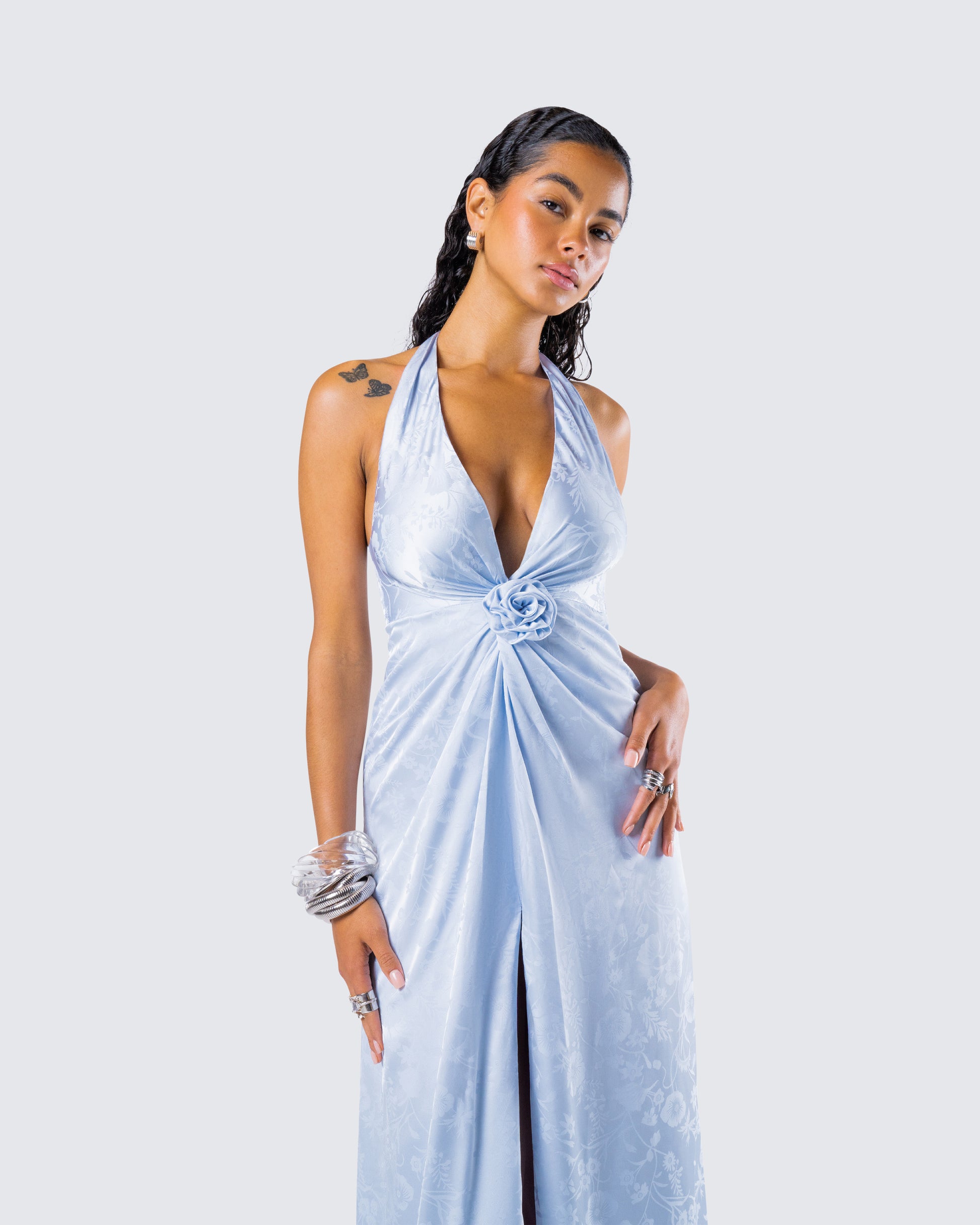 Blue Metallic Halter Maxi Dress - Rosette Formal Gown FINESSE Blue Metallic Halter Maxi Dress - Rosette Formal Gown FINESSE