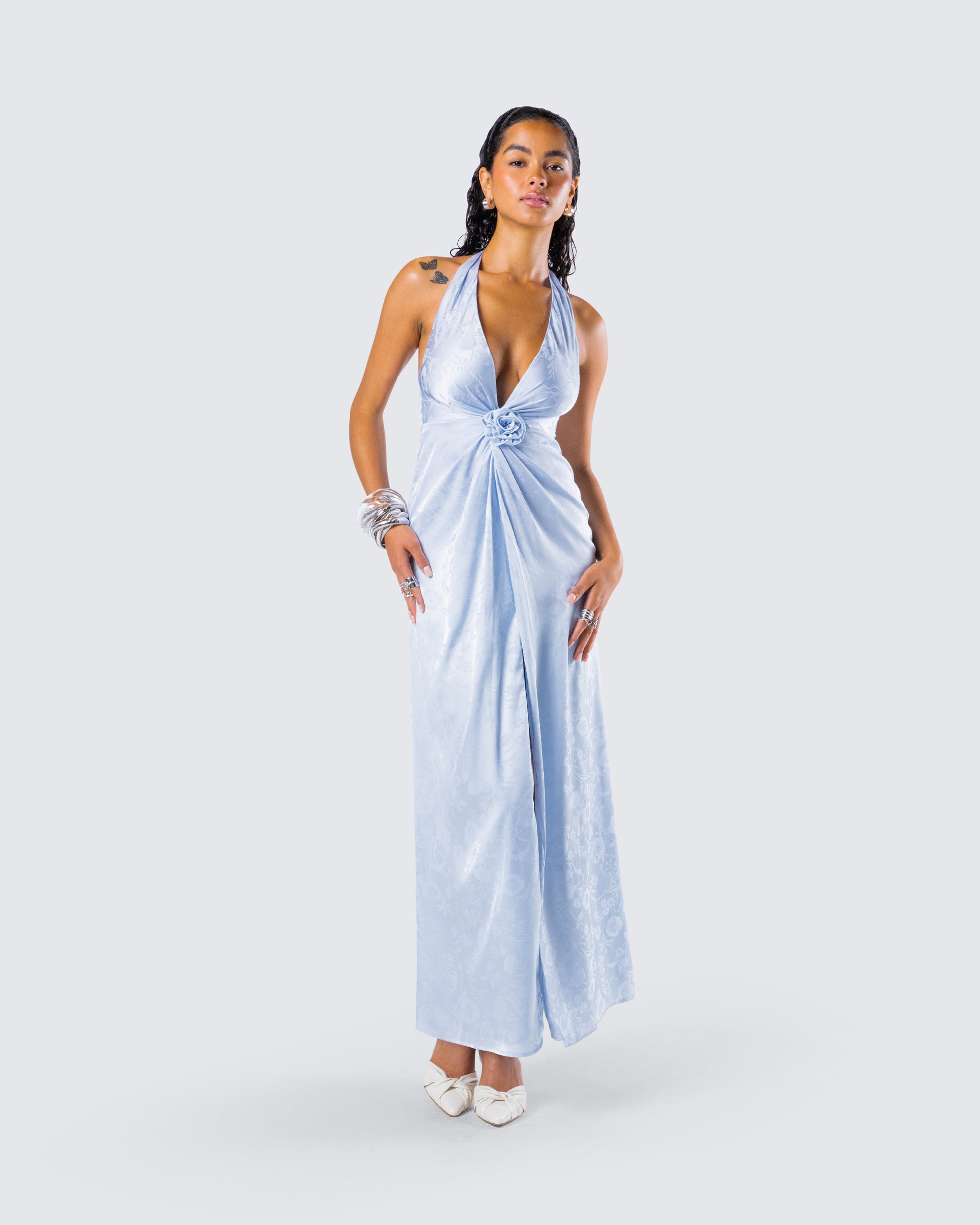 Blue Metallic Halter Maxi Dress - Rosette Formal Gown FINESSE Blue Metallic Halter Maxi Dress - Rosette Formal Gown FINESSE