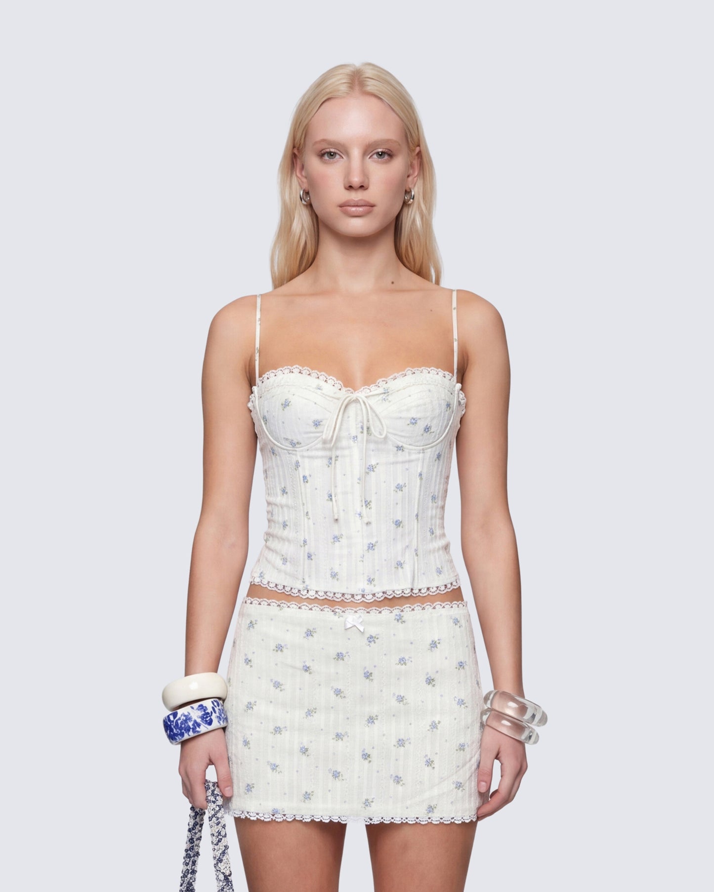 Yasmie Multi Floral Tie Detail Corset Top model front