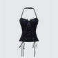 Yelina Black Halter Lace Up Top