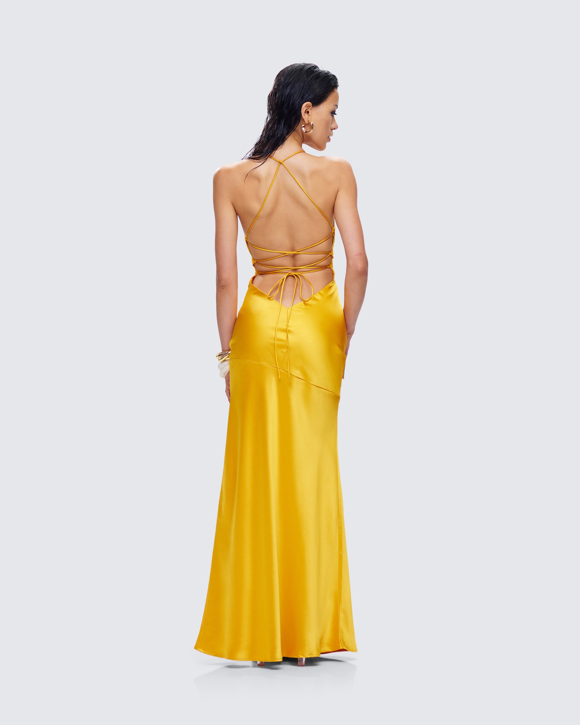 Yellow Satin Maxi Dress - Strappy Back Formal Gown FINESSE Yellow Satin Maxi Dress - Strappy Back Formal Gown FINESSE