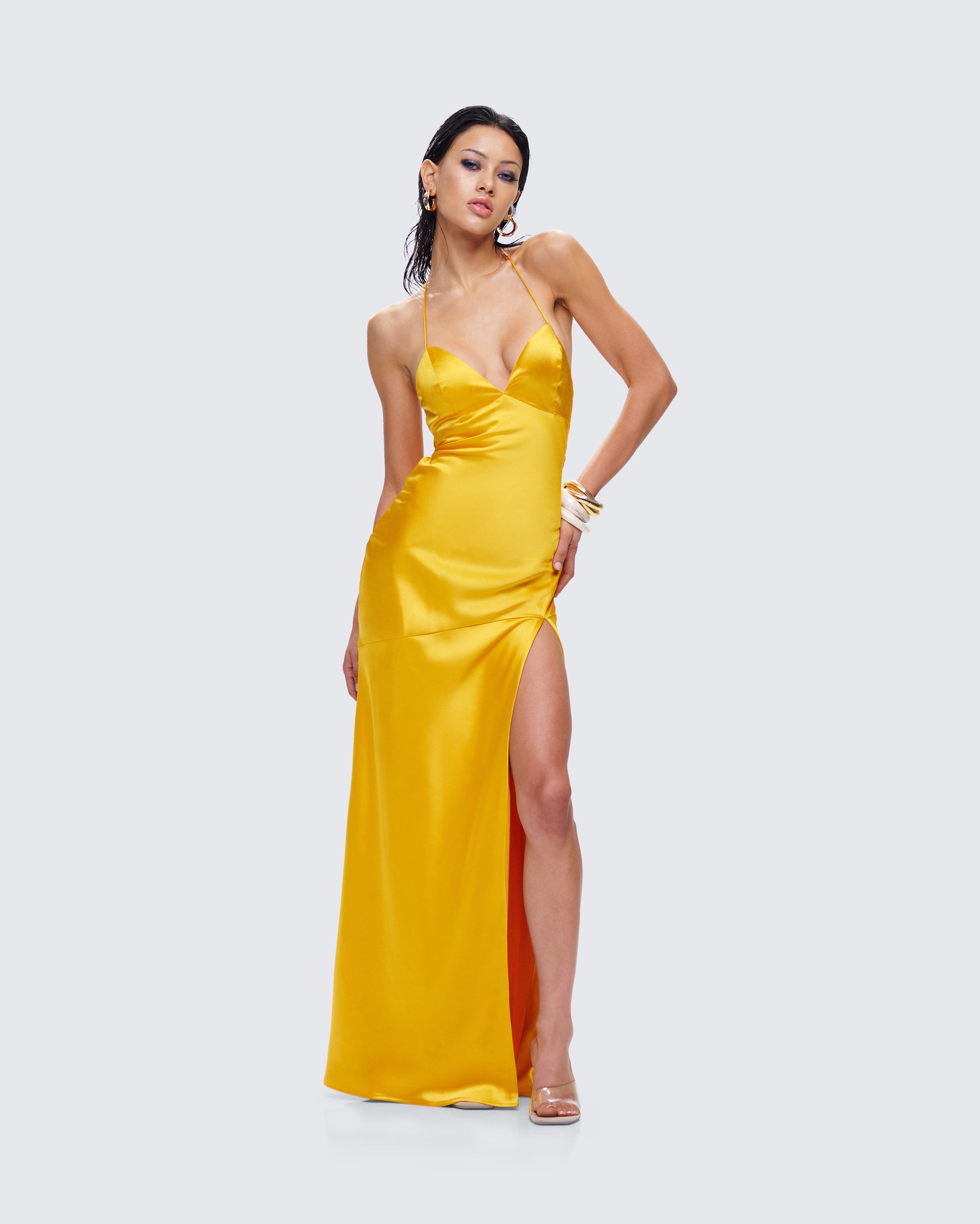 orange maxi dress formal Yellow Satin Maxi Dress