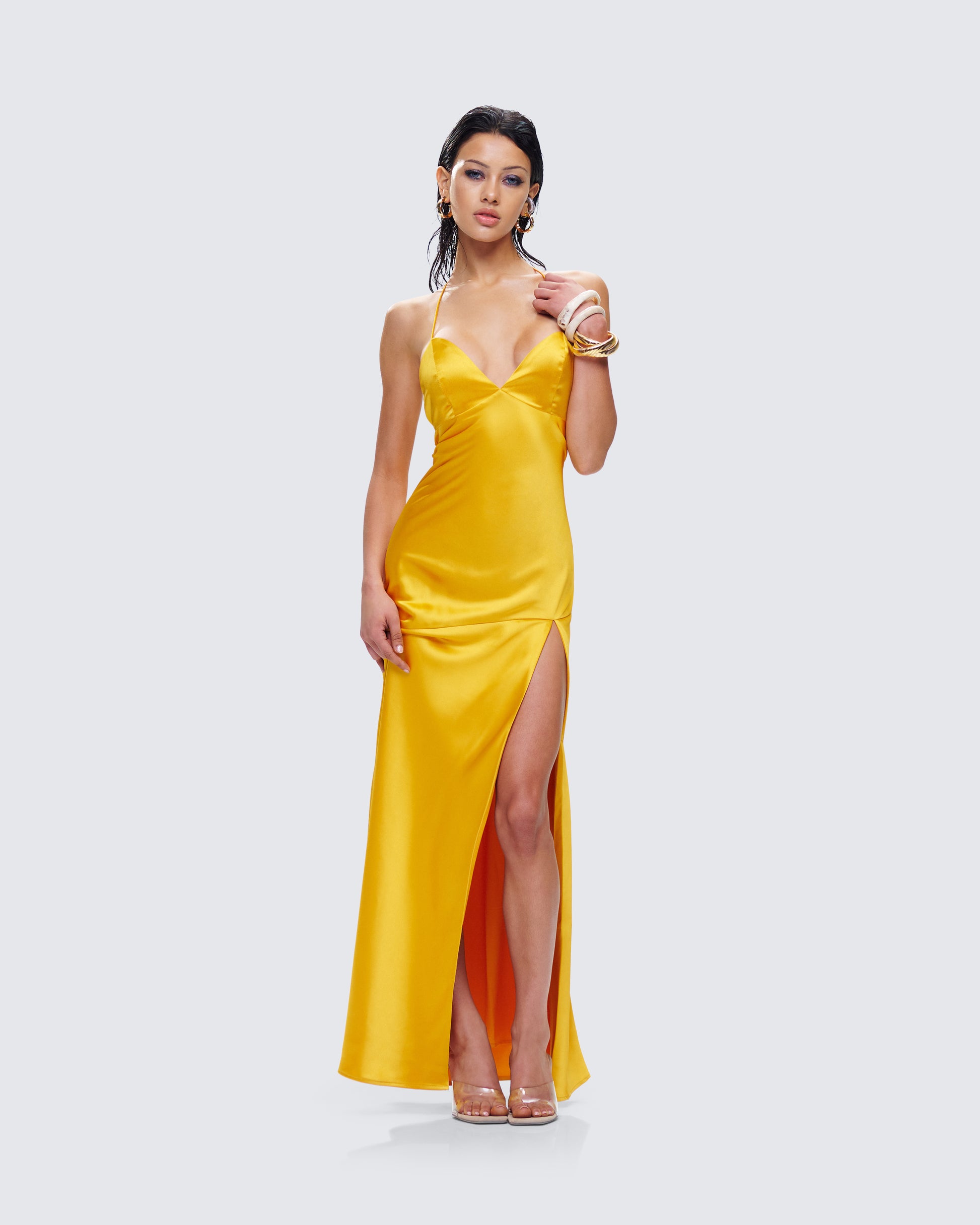 Yellow Satin Maxi Dress - Strappy Back Formal Gown FINESSE Yellow Satin Maxi Dress - Strappy Back Formal Gown FINESSE