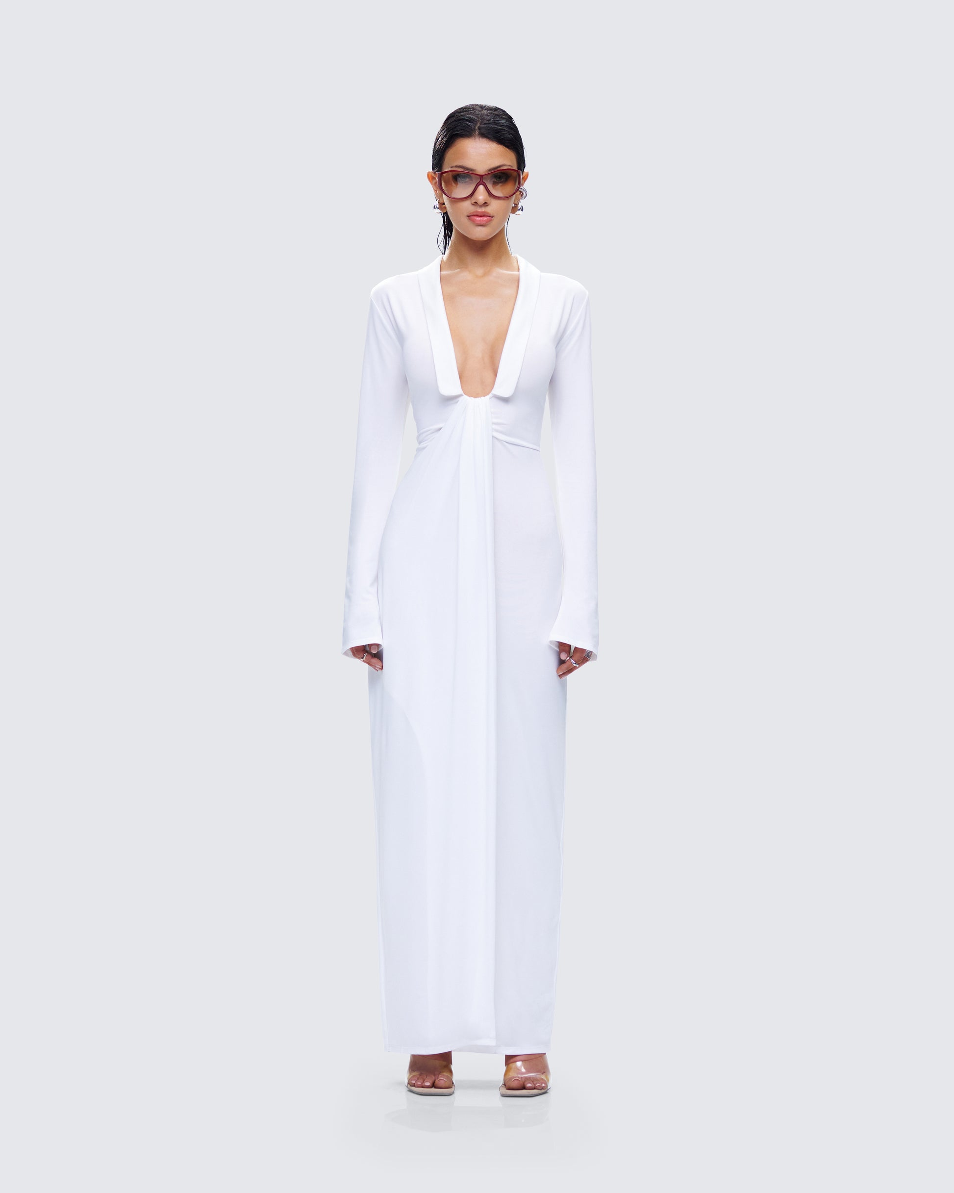 white plunge maxi dress Plunge Neck Draped Front Embellished Detail Maxi Dress In White | EGO US