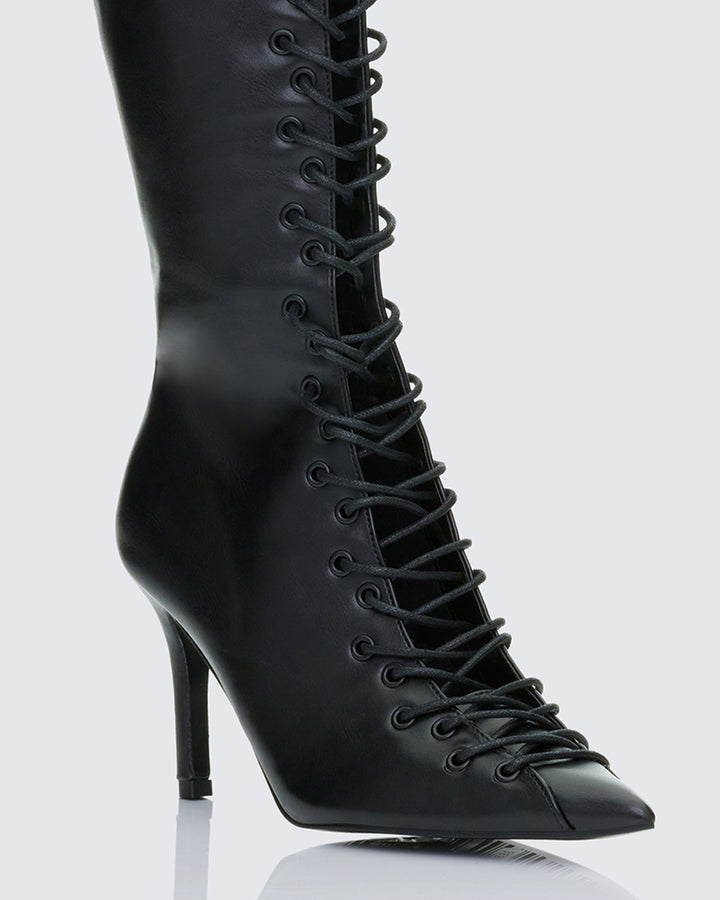 Zalika Black Knee High Lace up Corset Boot