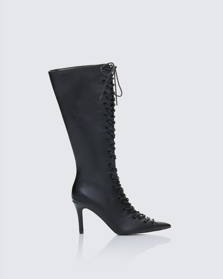 Zalika Black Knee High Lace up Corset Boot