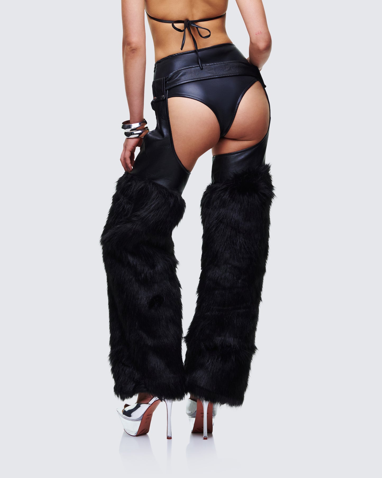 Zaria Black Vegan Leather Fur Trim Chaps