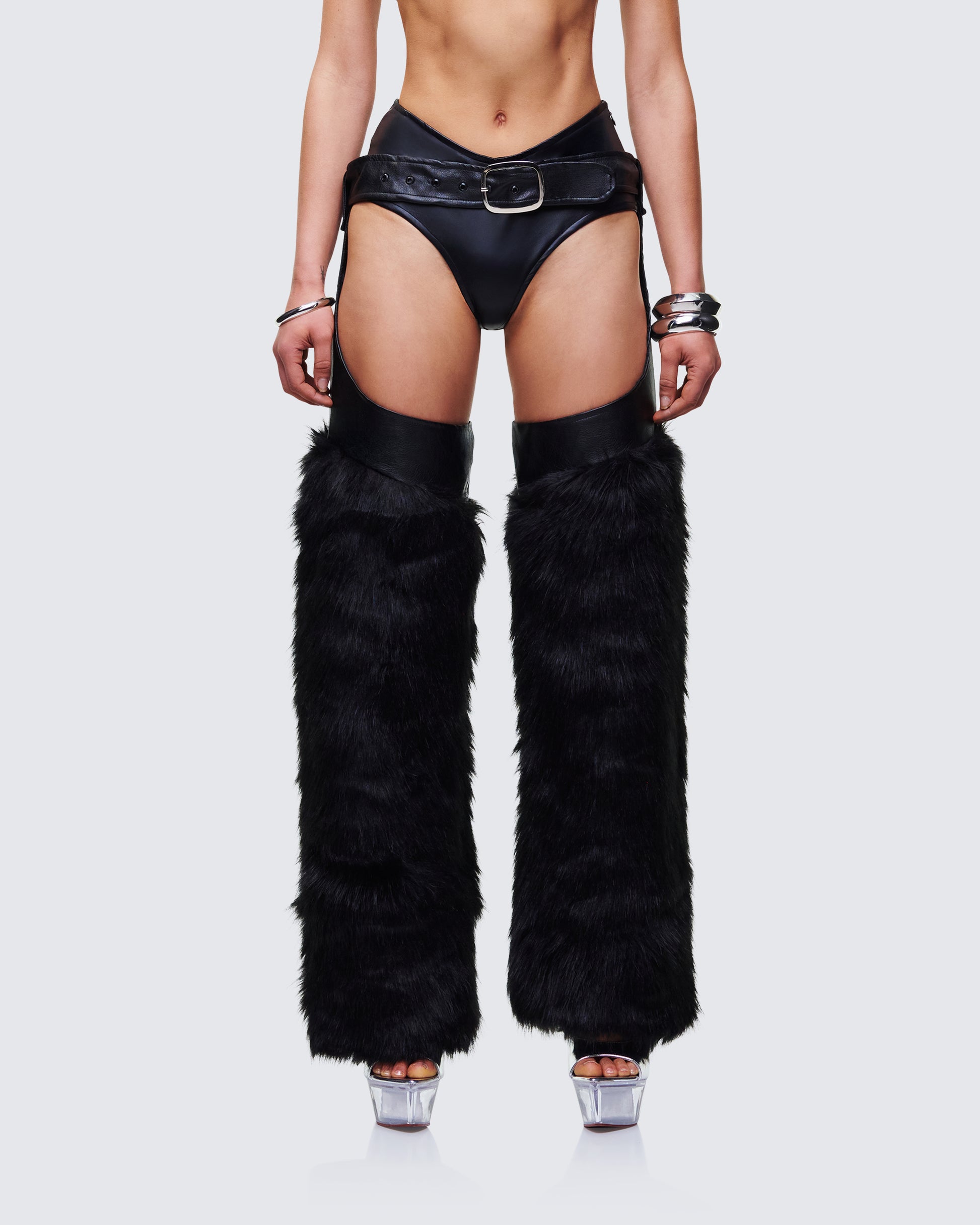 Black Vegan Leather Fur Chaps Statement Pants FINESSE Black Vegan Leather Fur Chaps Statement Pants FINESSE