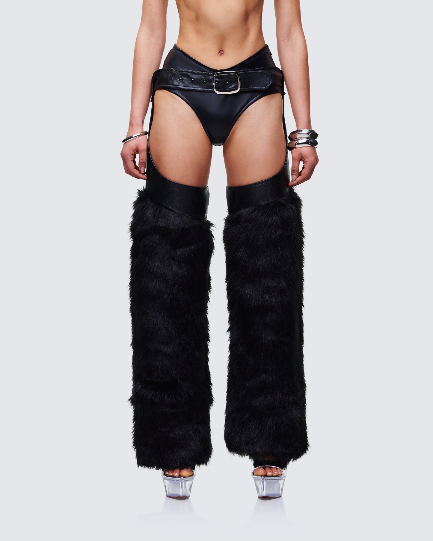 Zaria Black Vegan Leather Fur Trim Chaps