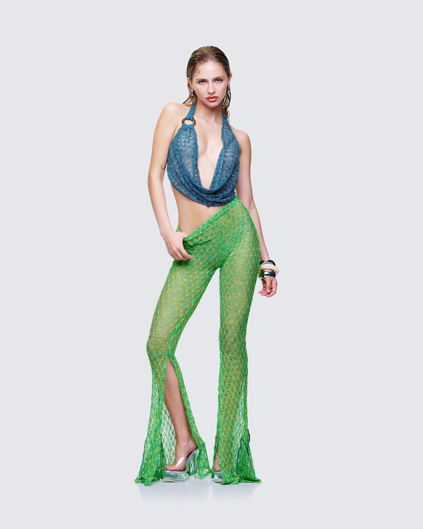 Zayla Blue Net Cowl Neck Top