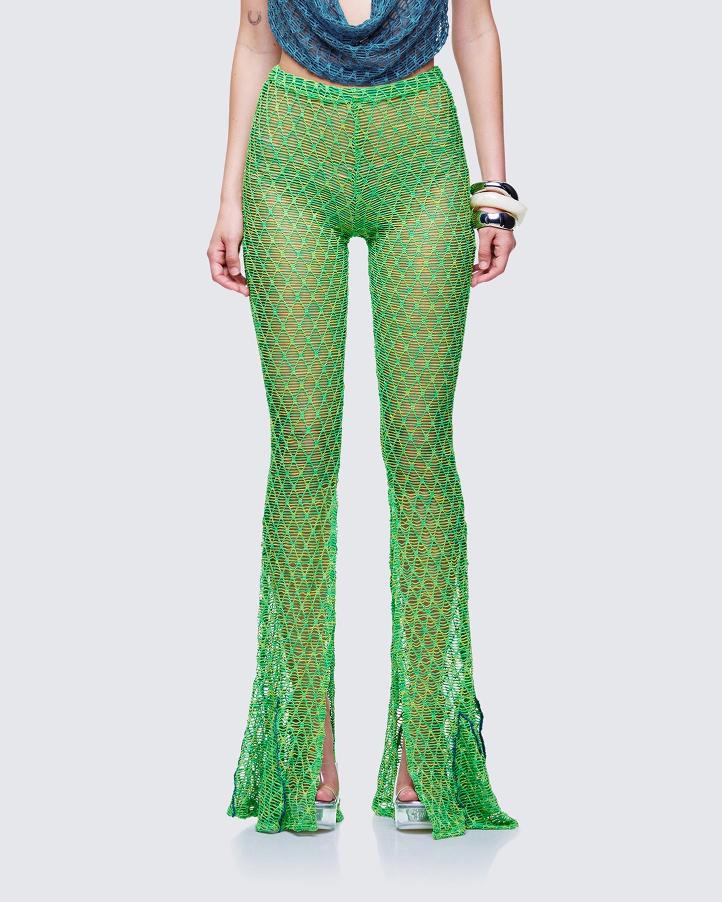 Zayla Green Net Flare Leg Trousers