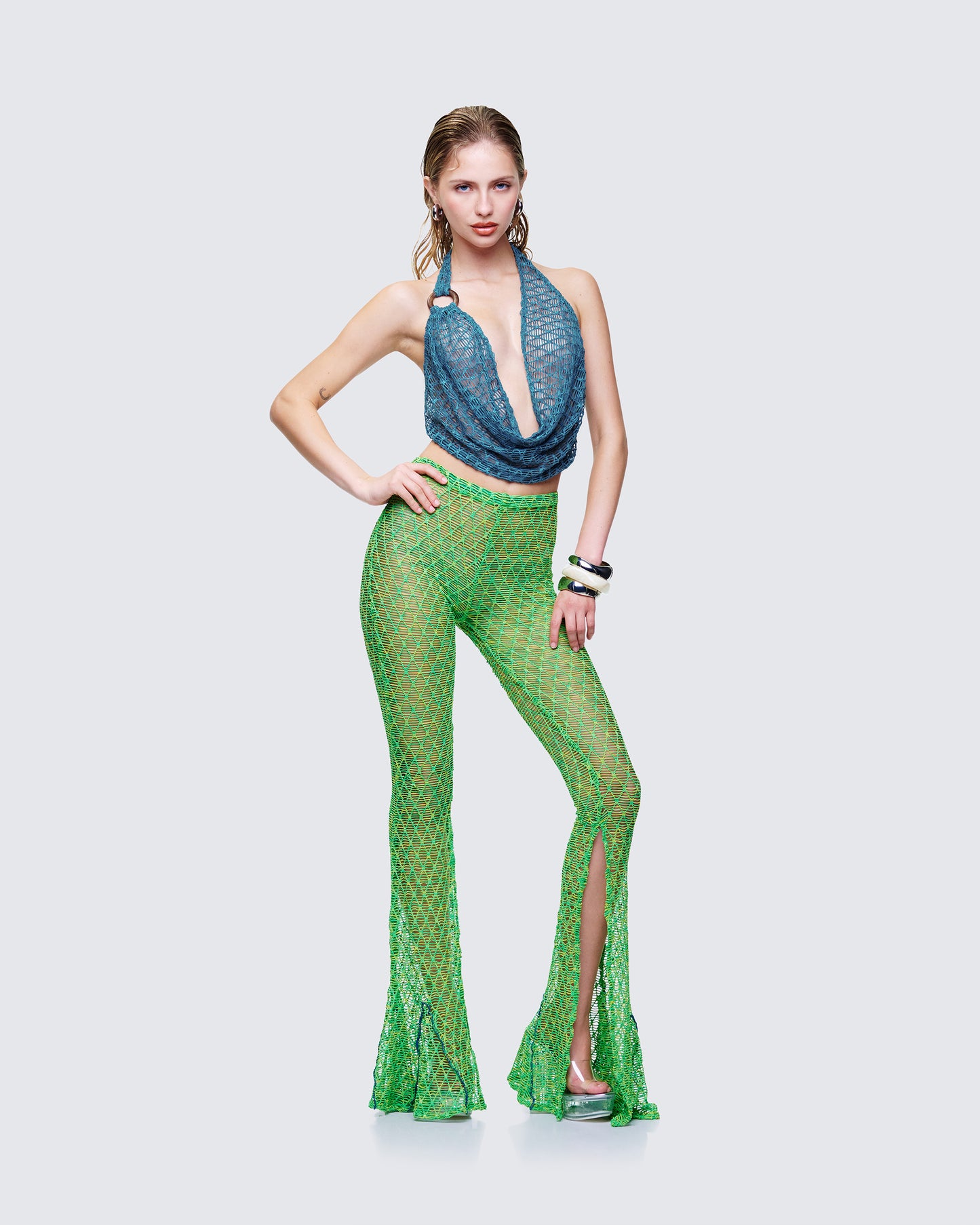 Zayla Green Net Flare Leg Trousers