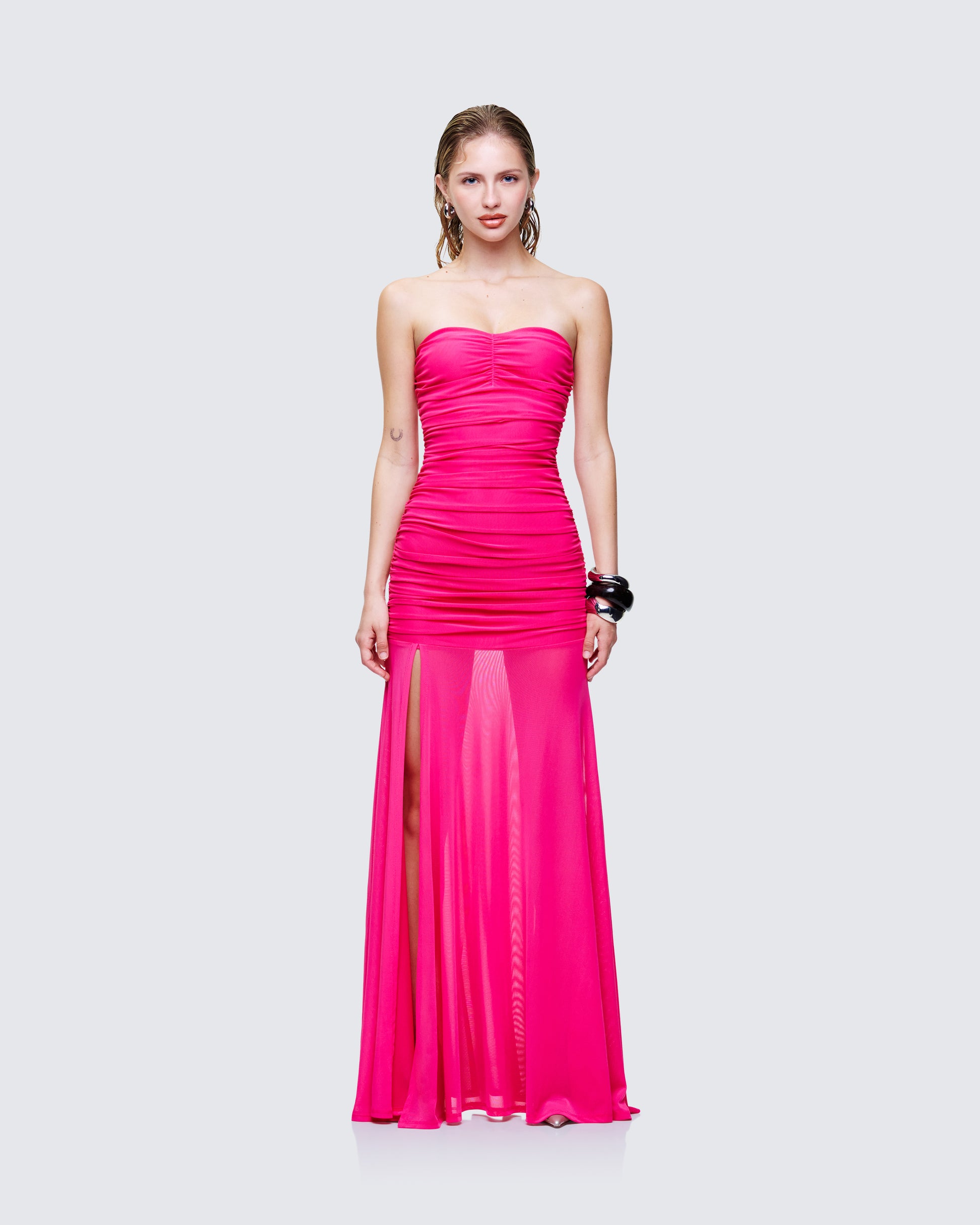 pink ruched front dress Safiya Pink Ruched Maxi Dress with Cross Front, M / Pink